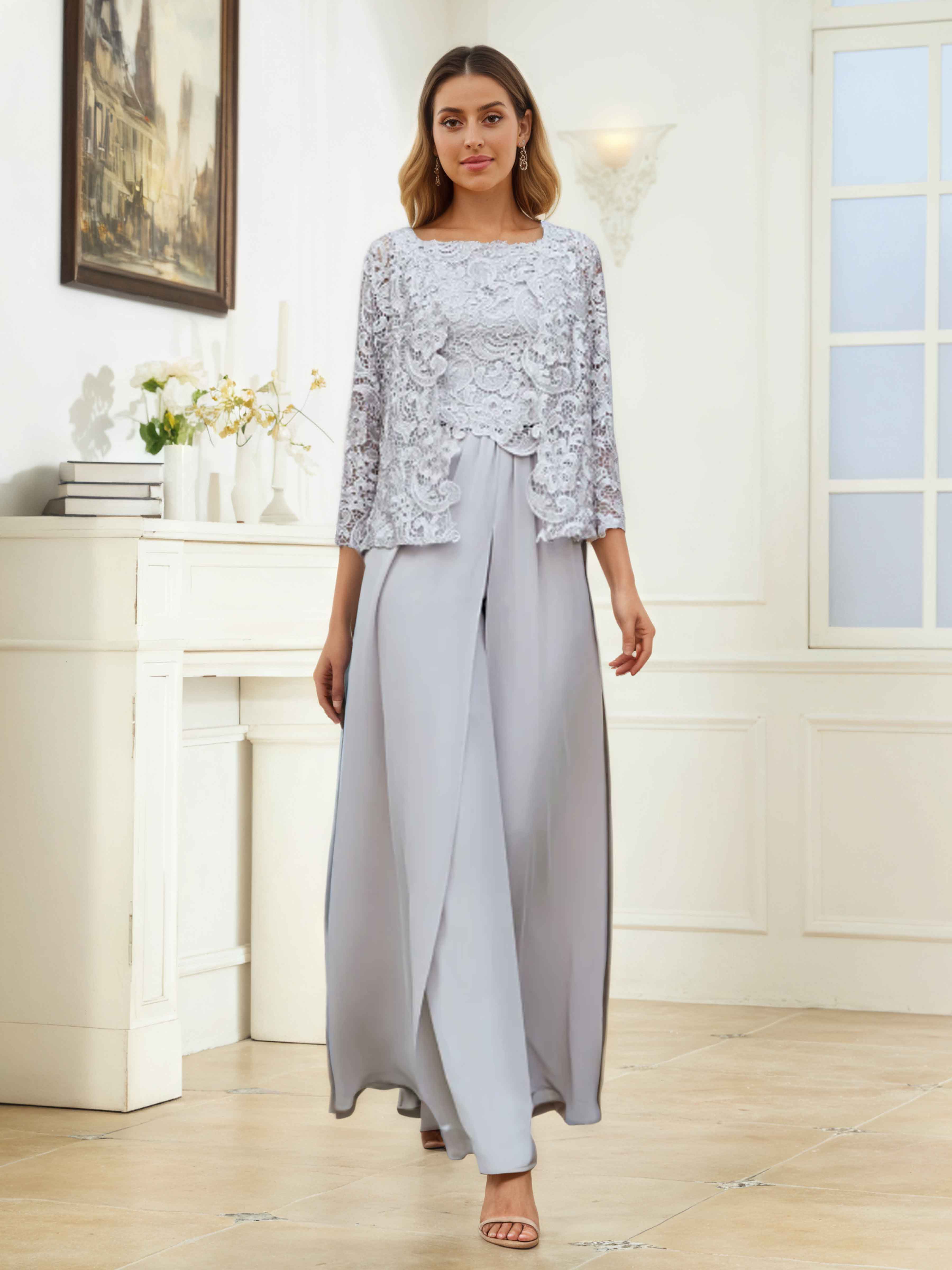 Caelithryn Delicate Three Pieces Lace Sequins Chiffon Mother of the Bride Pantsuit