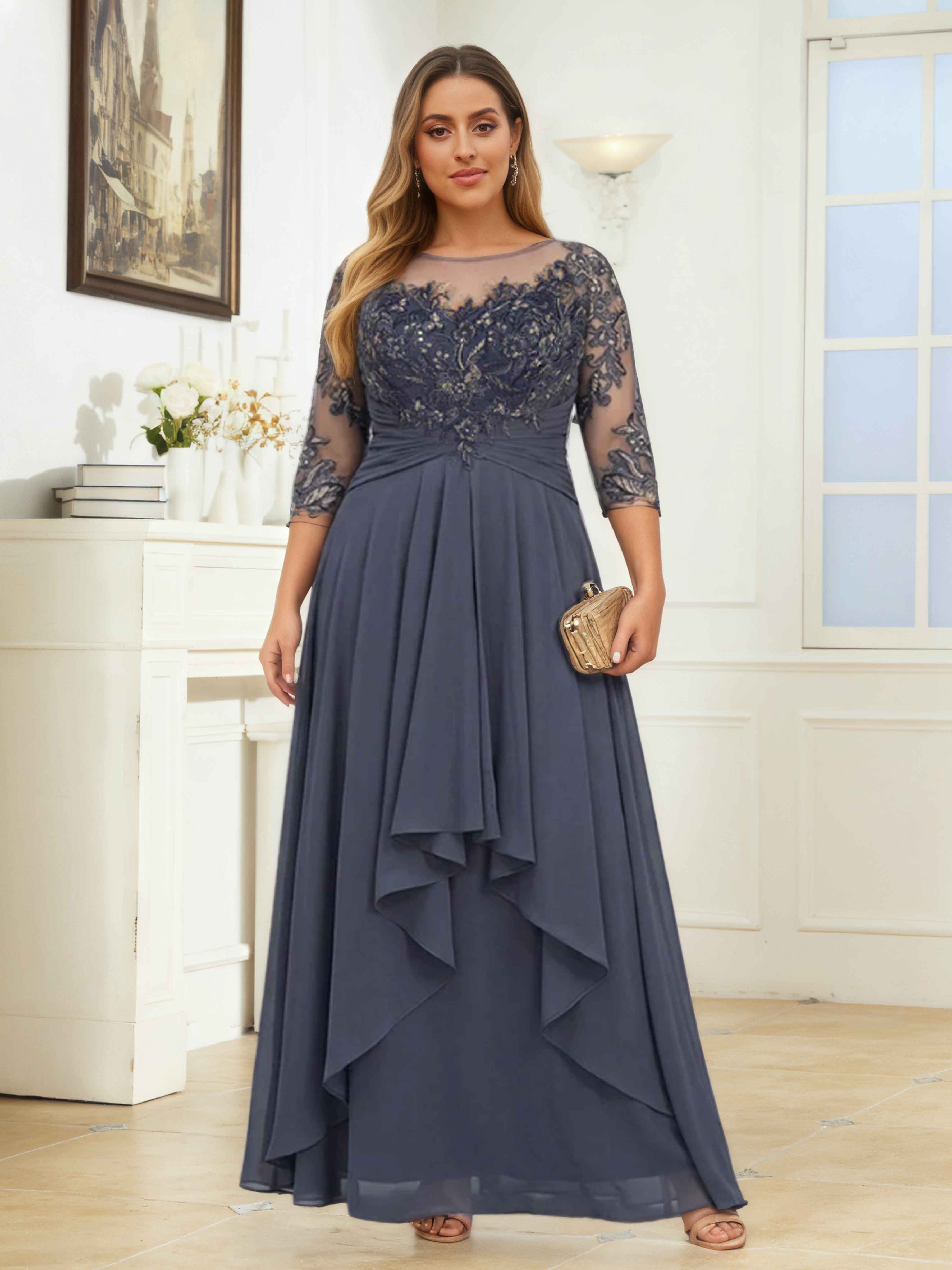 Draelithryn Charming Illusion Appliques Ruched Long Chiffon Mother of the Bride Dresses