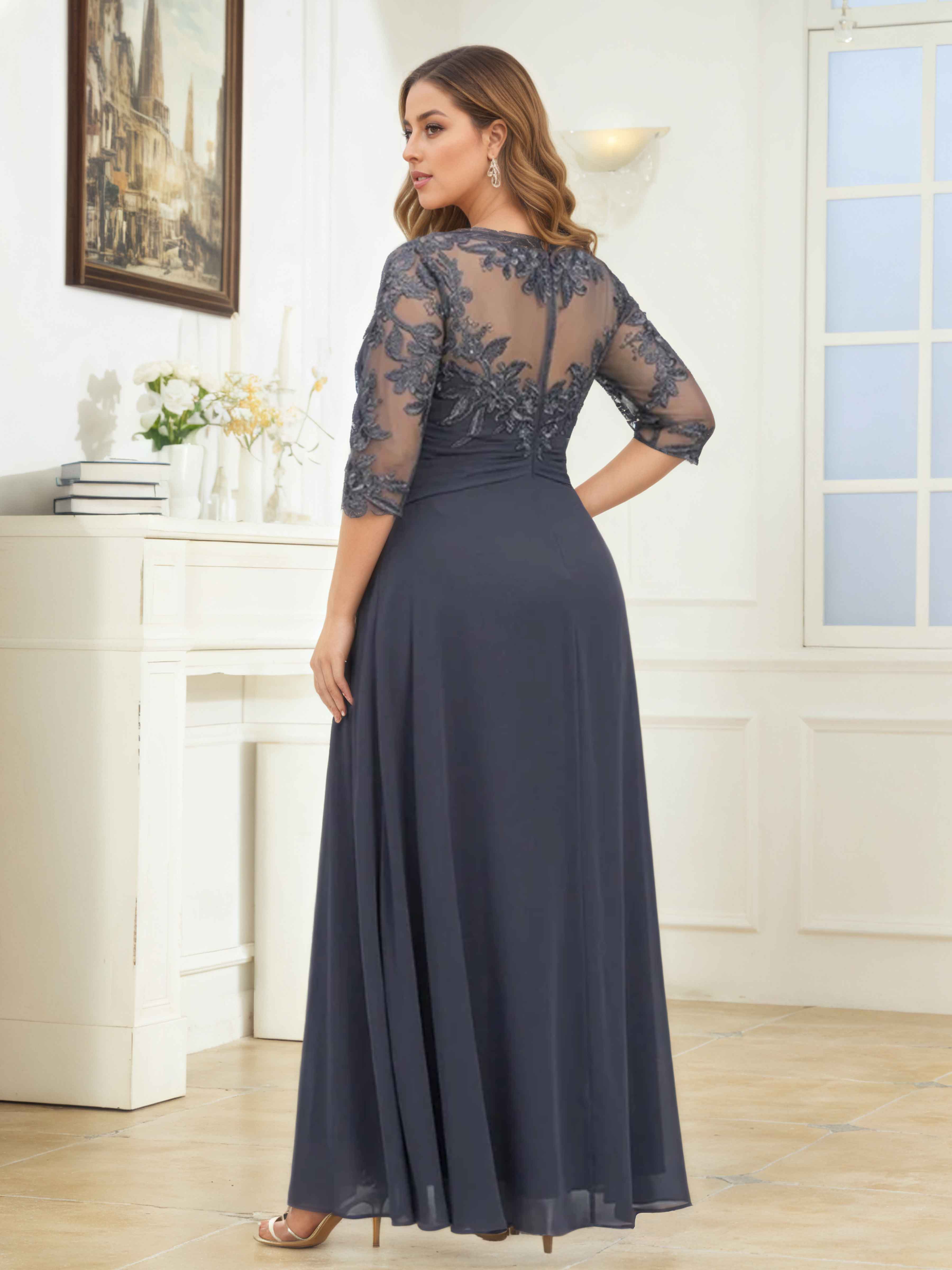 Draelithryn Charming Illusion Appliques Ruched Long Chiffon Mother of the Bride Dresses