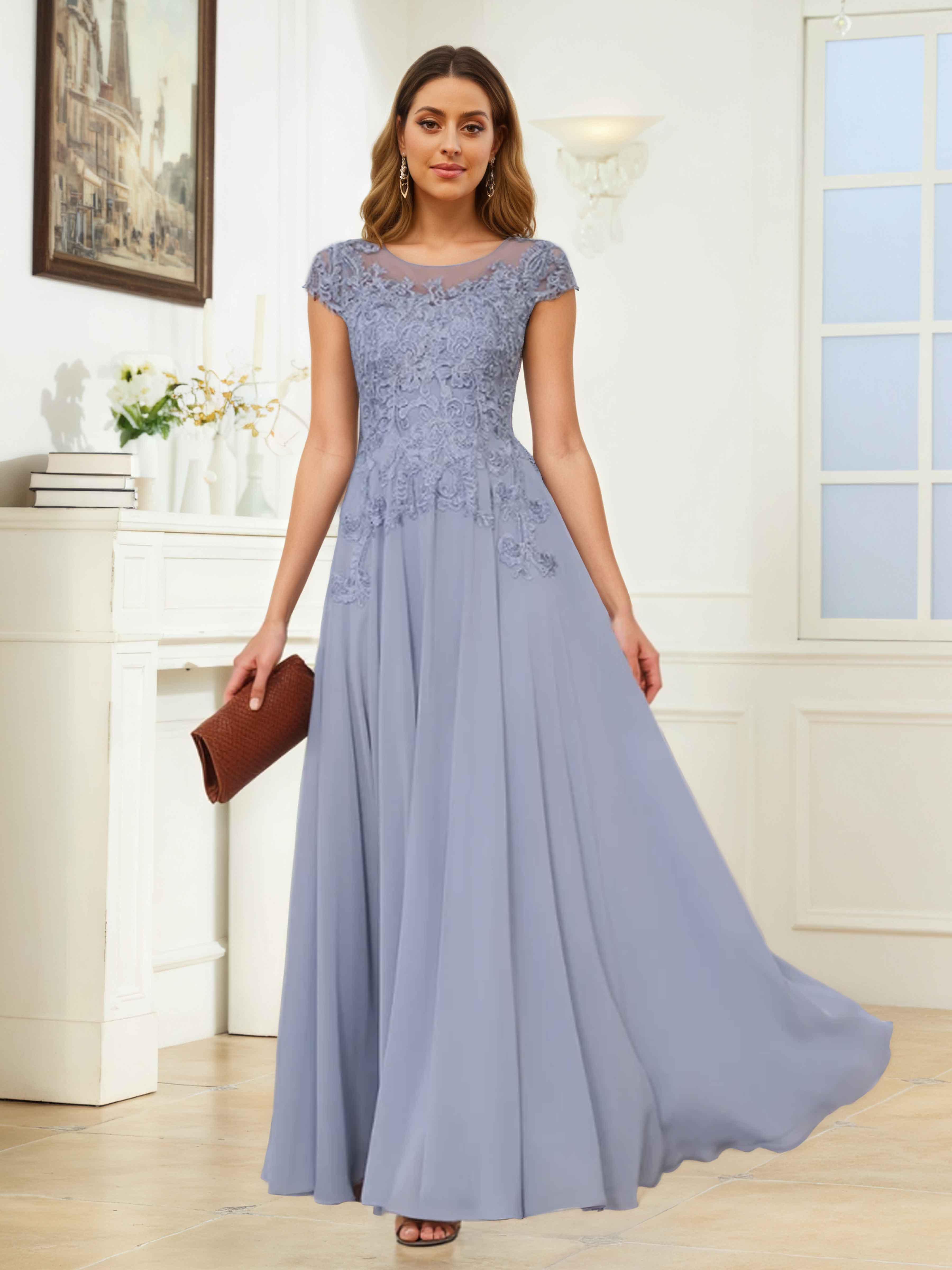 Elythryn Elegant A-Line Illusion Long Chiffon Mother of the Bride & Groom Dresses
