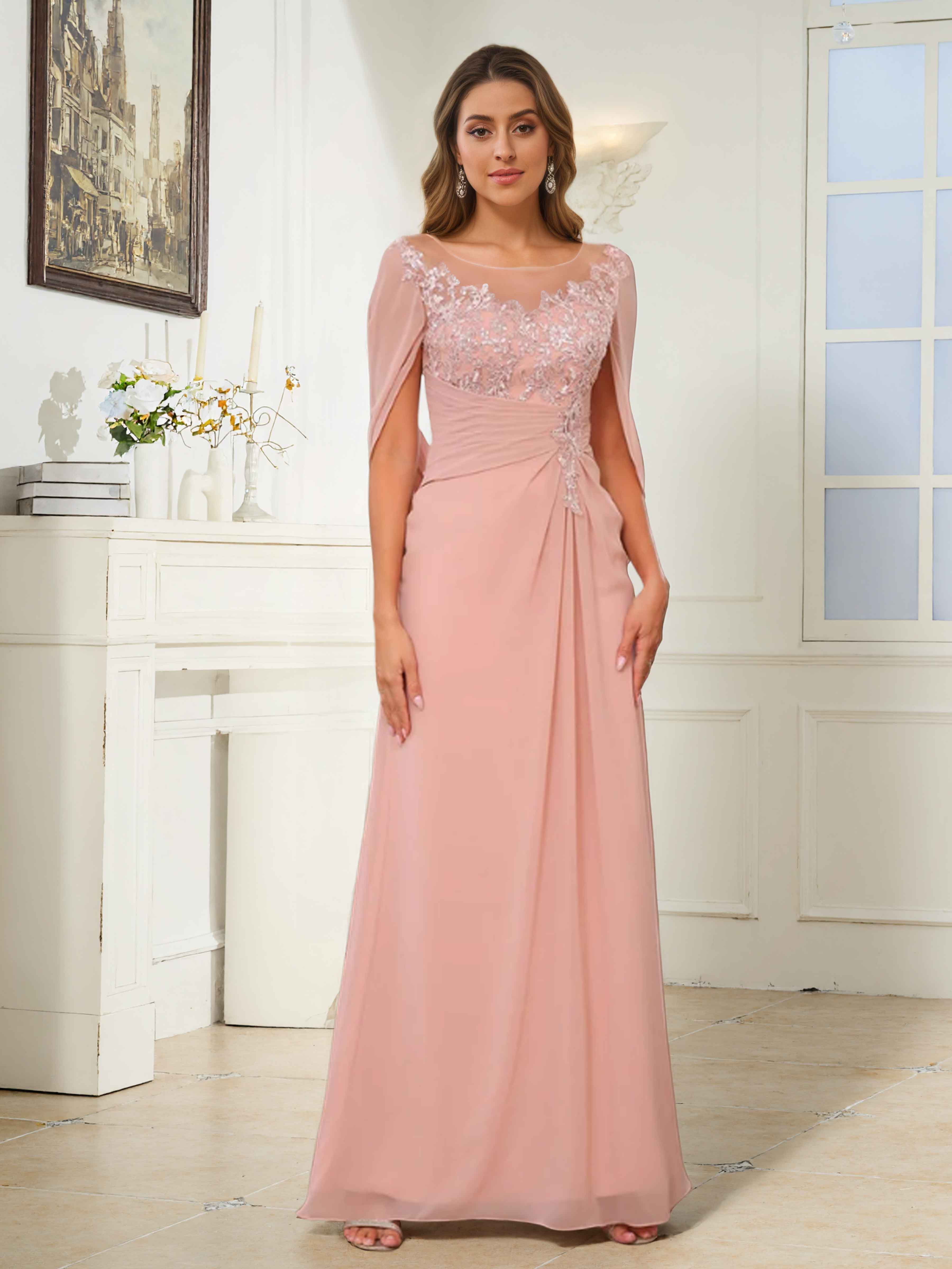 Fraelithryn Delicate Ruched Cape Lace Appliques Long Chiffon Mother Of The Bride Dresses