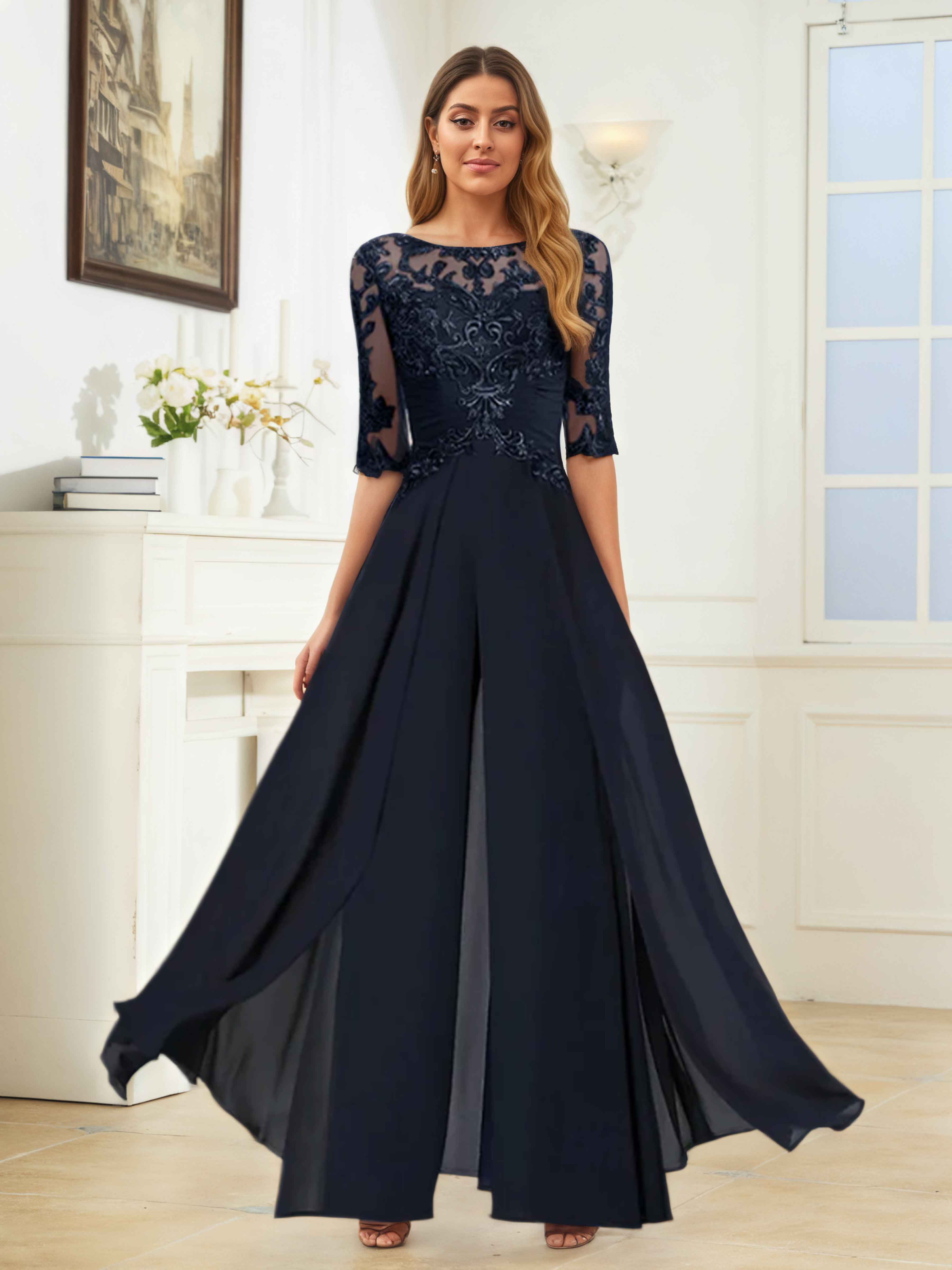Helythryn Modern Scoop Illusion Half Sleeves Mother of the Bride Pantsuit/Jumpsuit