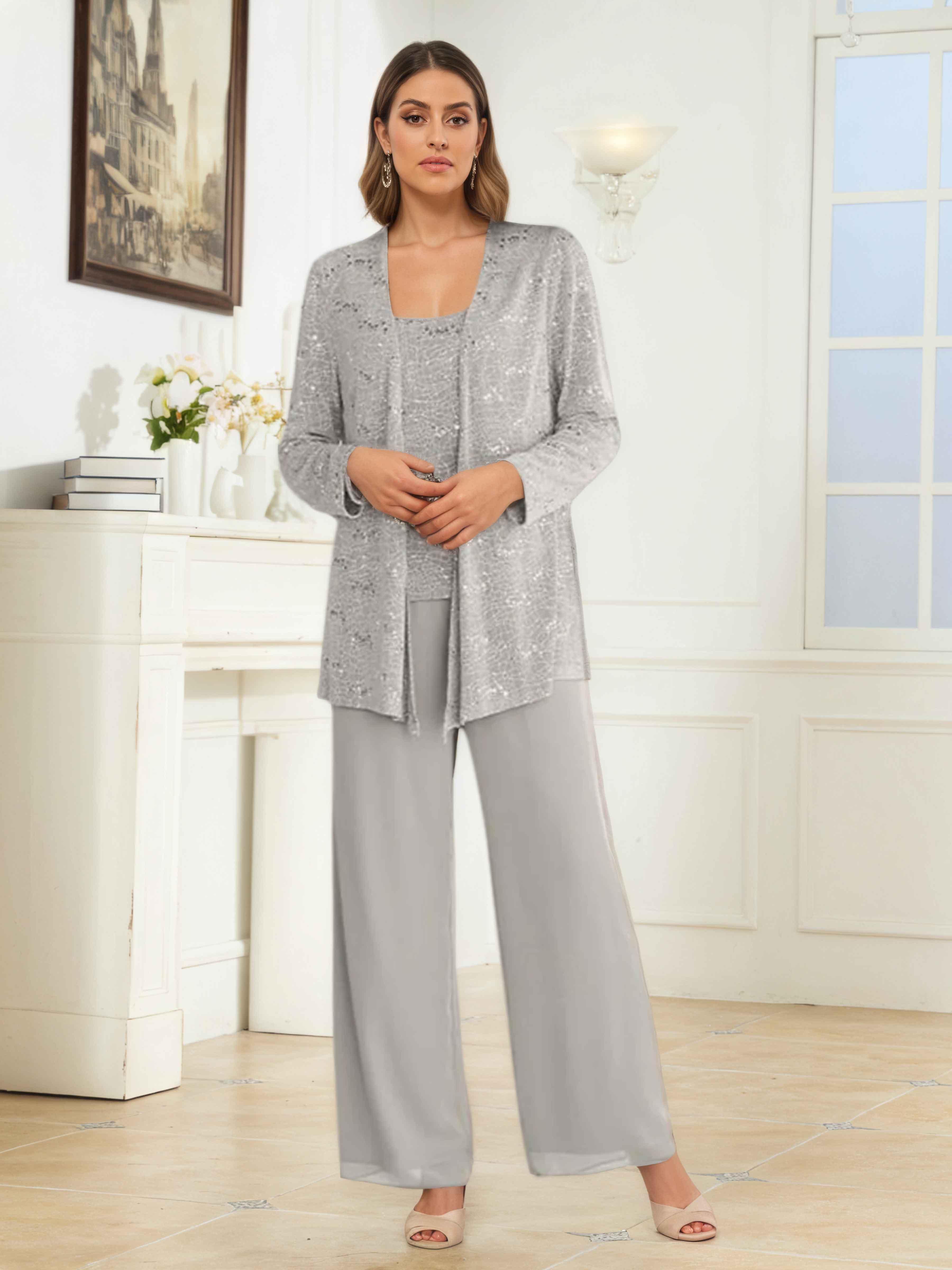 Iraelithryn Modest Round Neck 3-Piece Mother of the Bride Pantsuit with Jacket