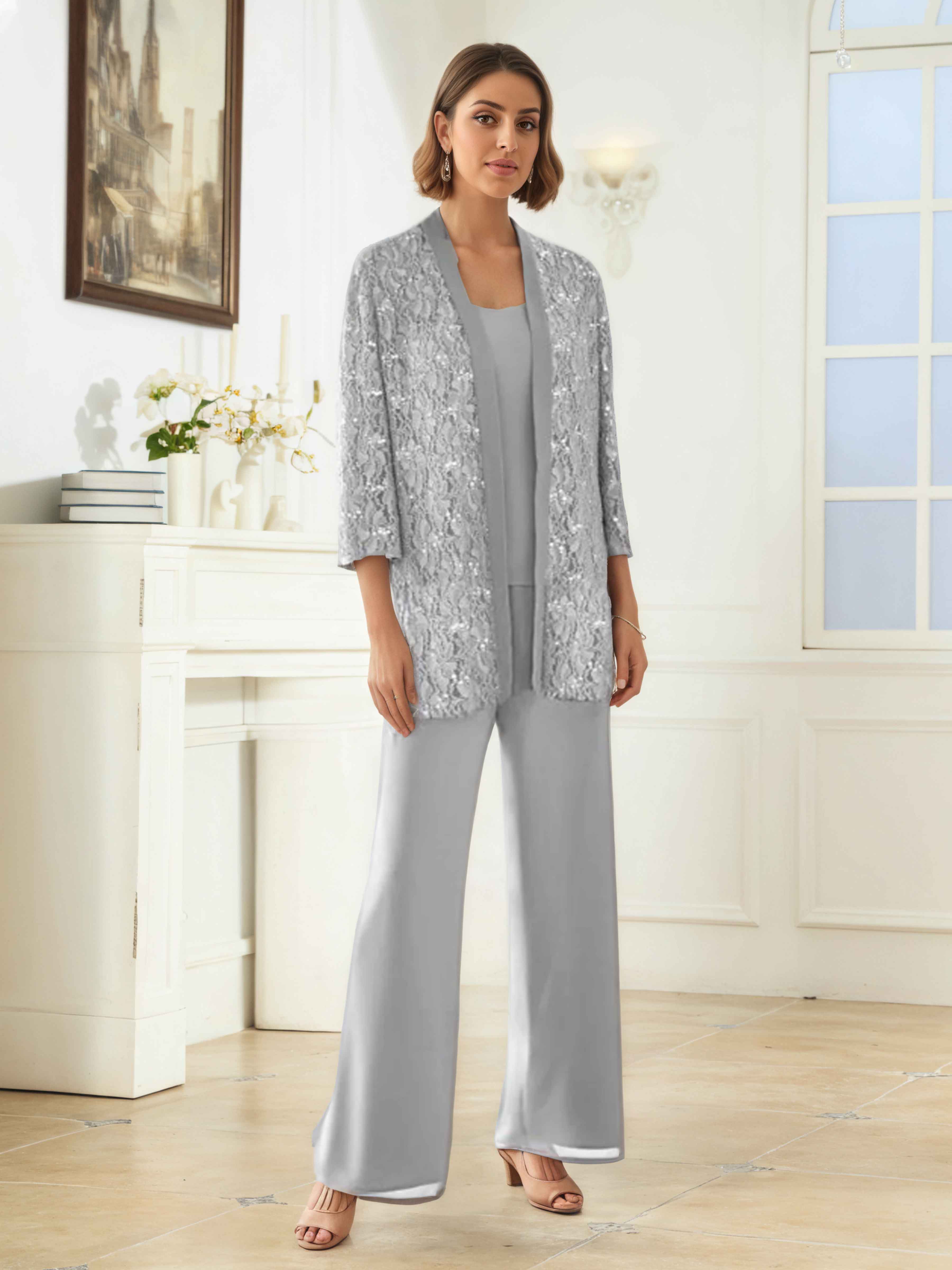 Jaelithryn 3-Piece 3/4 Sleeves Sequins Chiffon Mother of the Bride Pantsuit with Jacket