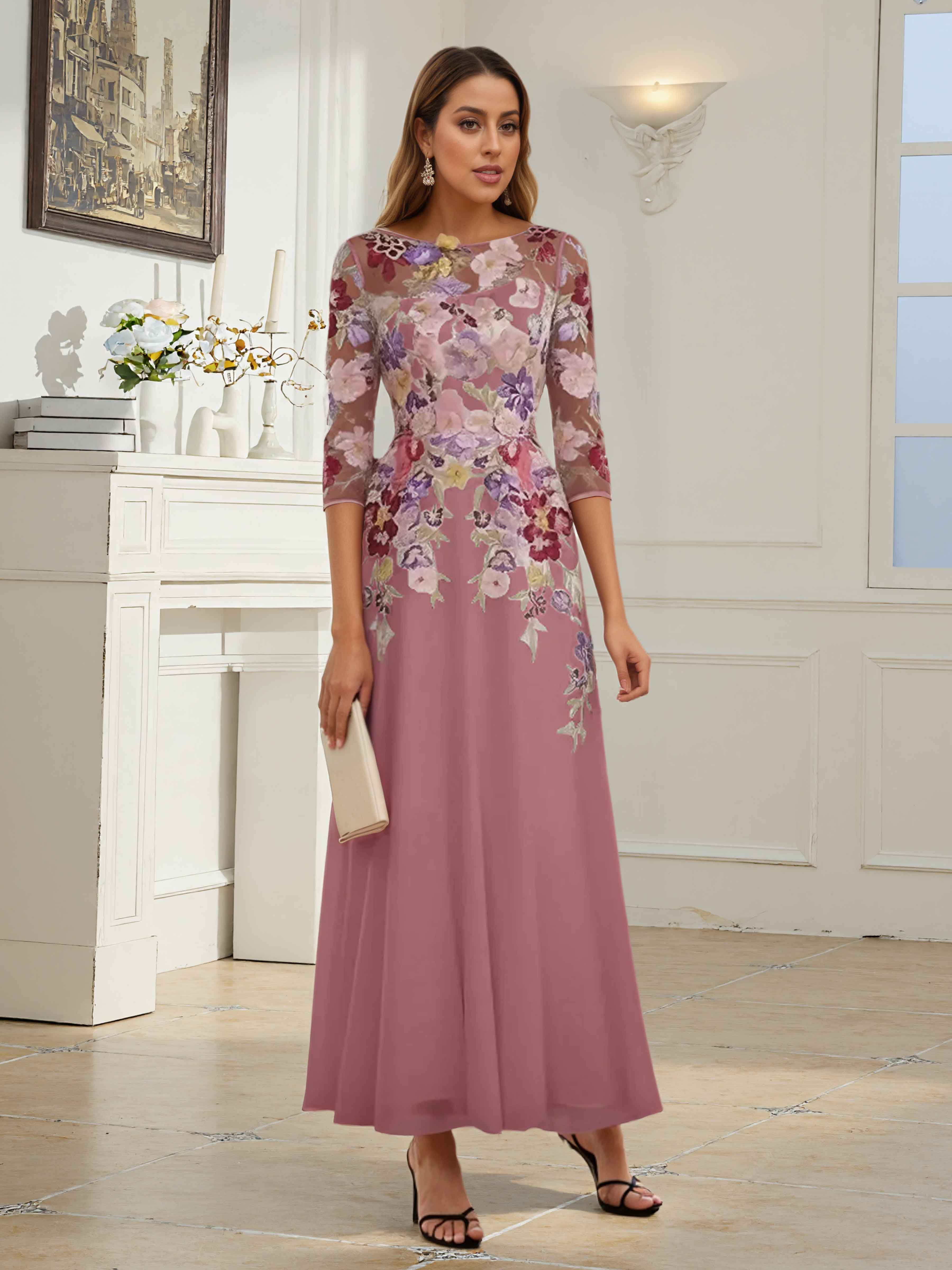 Kaelithryn Charming Illusion Floral Lace Long Chiffon Mother of the Bride Dresses