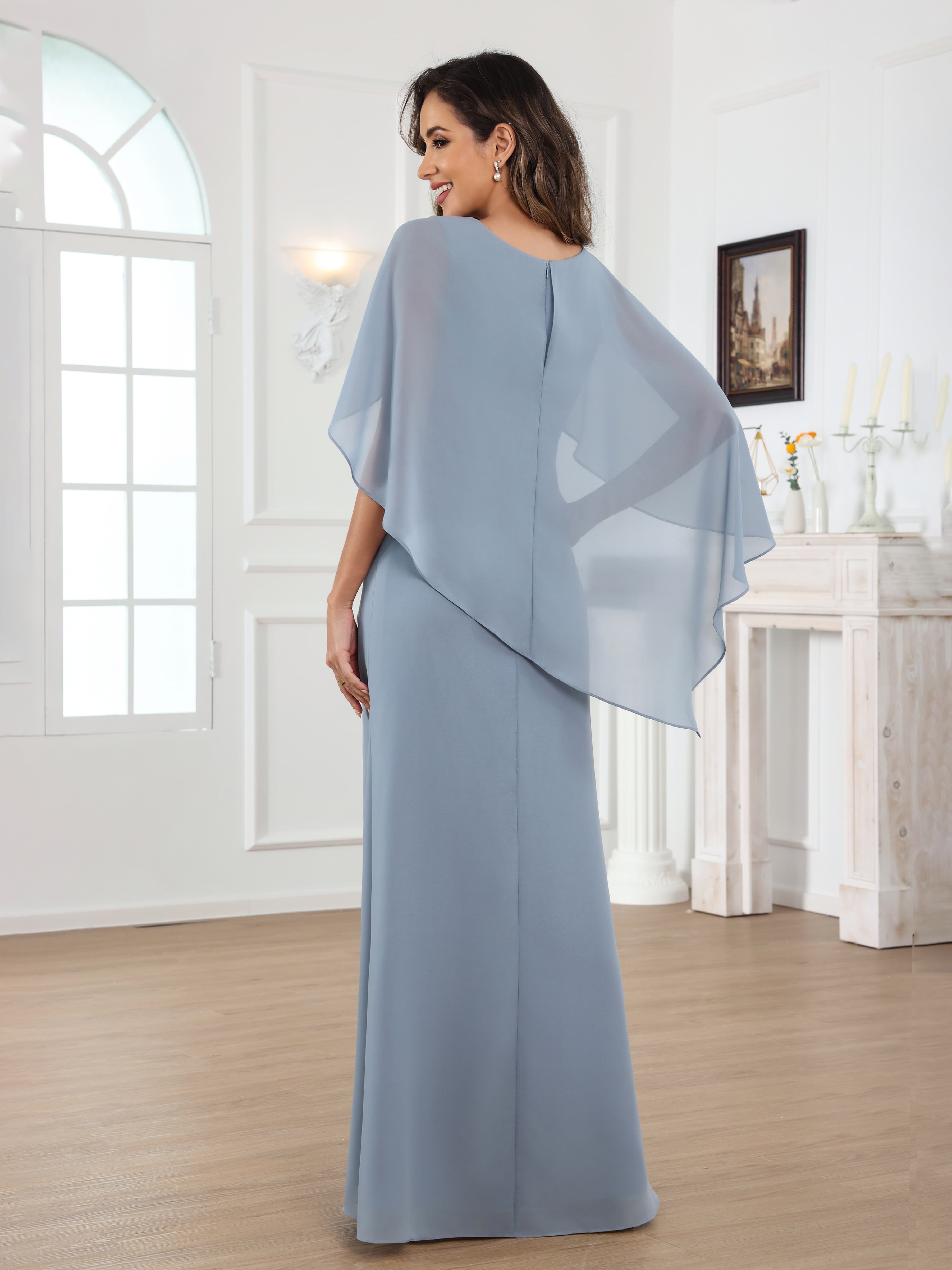 Mraelithryn Elegant A-Line Scoop Short Sleeves Pleats Long Chiffon Mother of the Bride Dresses
