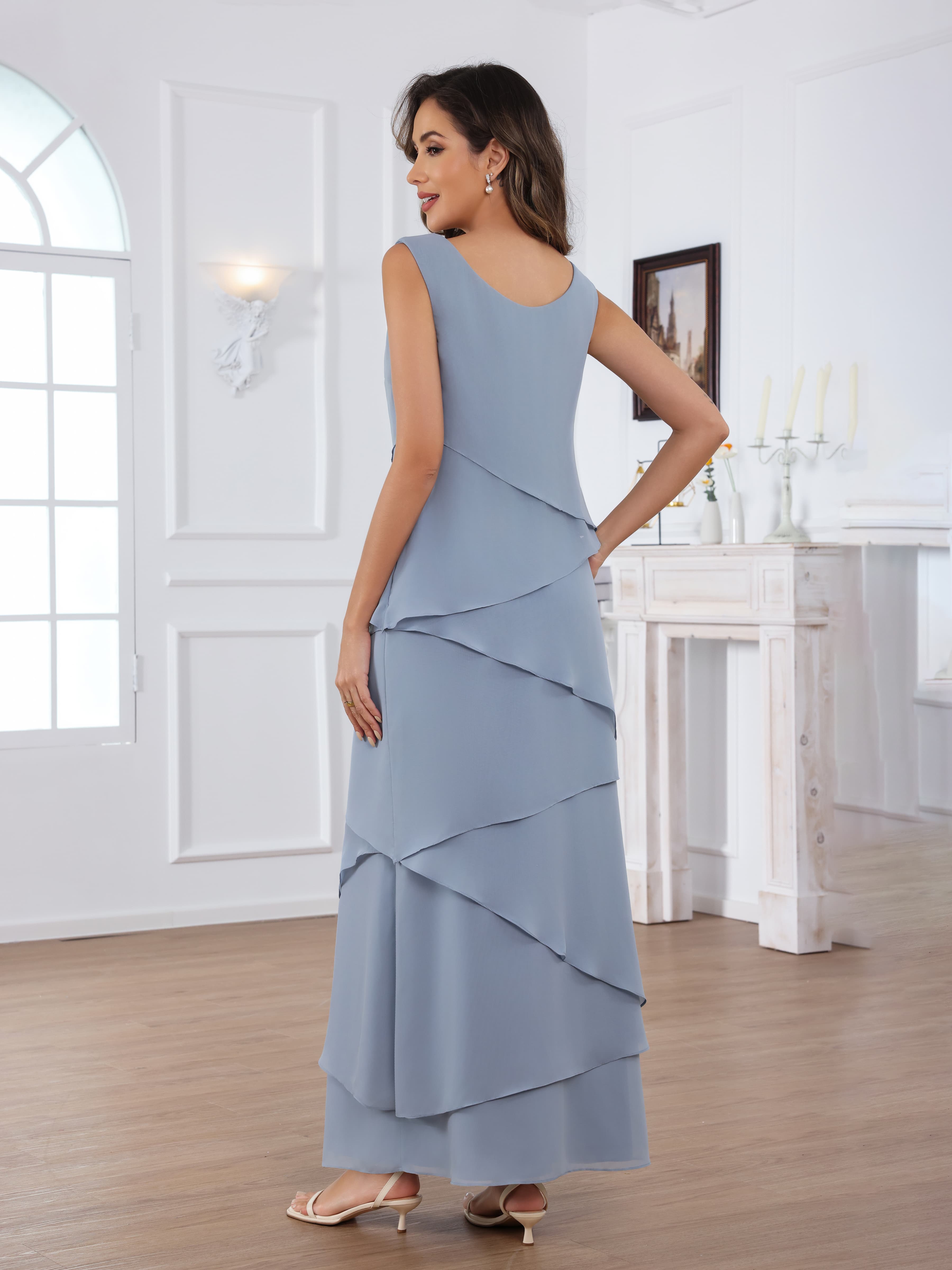 Oraelithryn Flowing A-Line V-neck Tiered 2-Piece Floor Length Chiffon Mother of the Bride Dresses