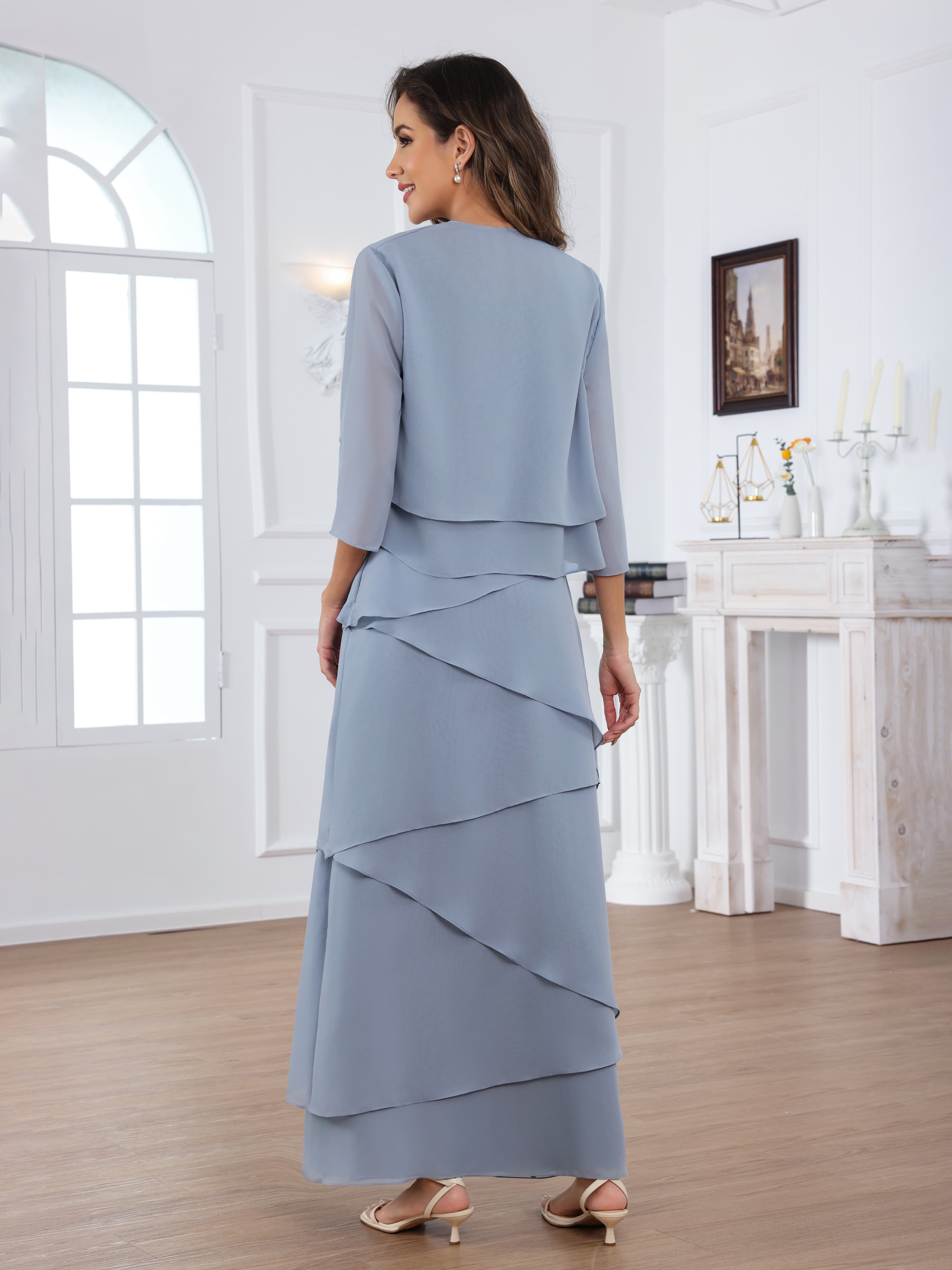 Oraelithryn Flowing A-Line V-neck Tiered 2-Piece Floor Length Chiffon Mother of the Bride Dresses