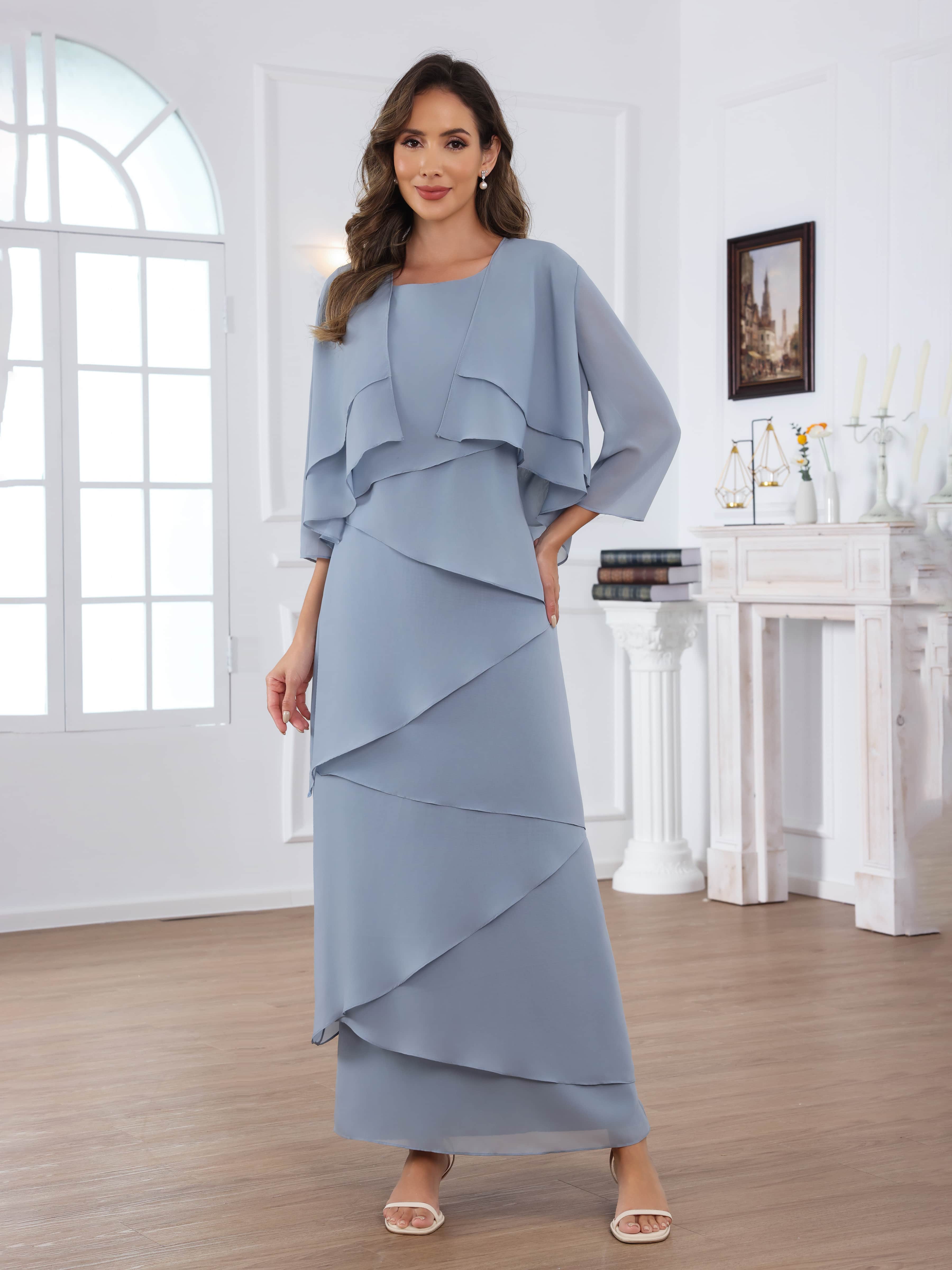 Oraelithryn Flowing A-Line V-neck Tiered 2-Piece Floor Length Chiffon Mother of the Bride Dresses