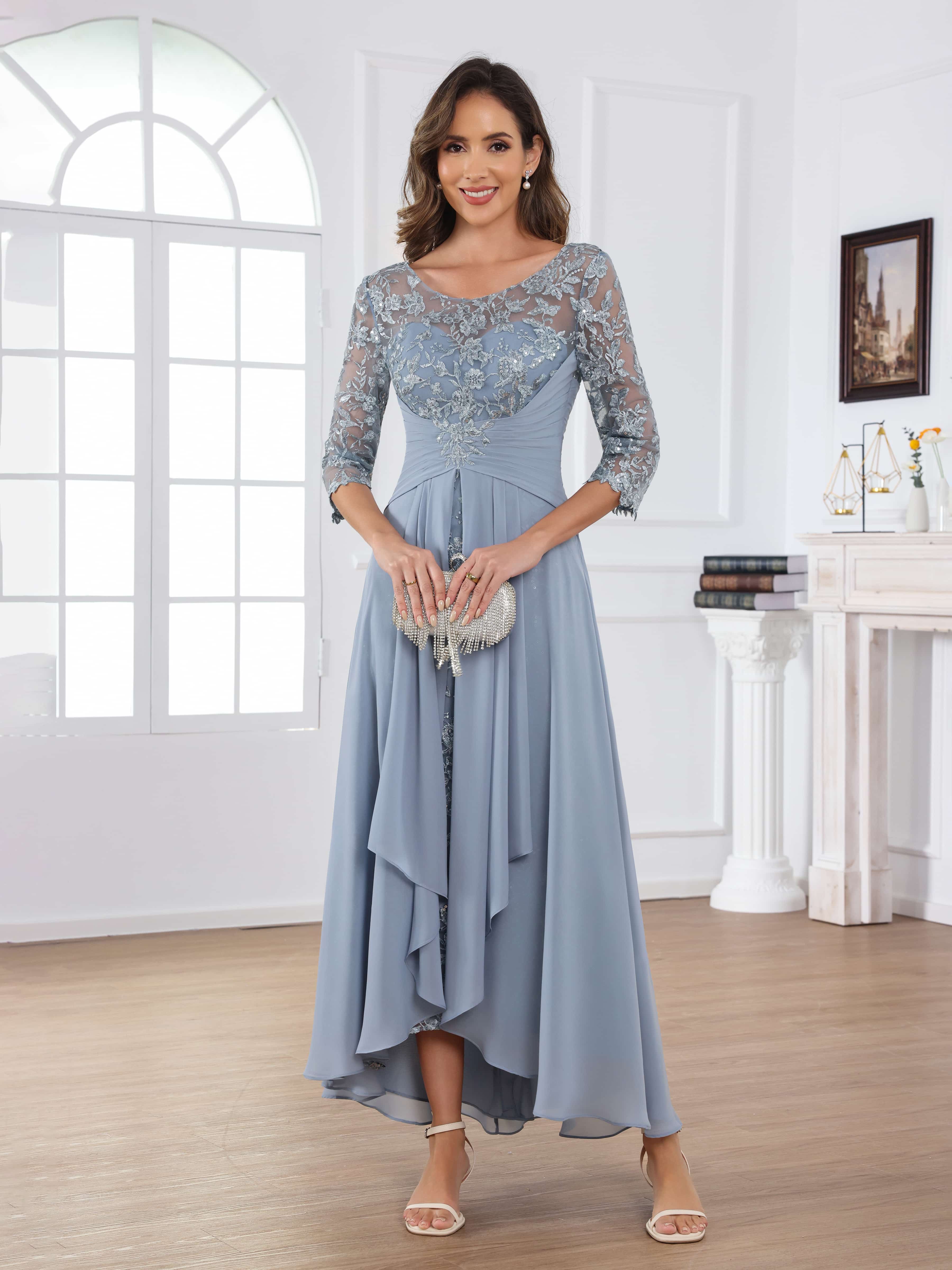 Praelithryn Delicate A-Line Illusion Appliques Ruched Long Chiffon Mother of the Bride Dresses