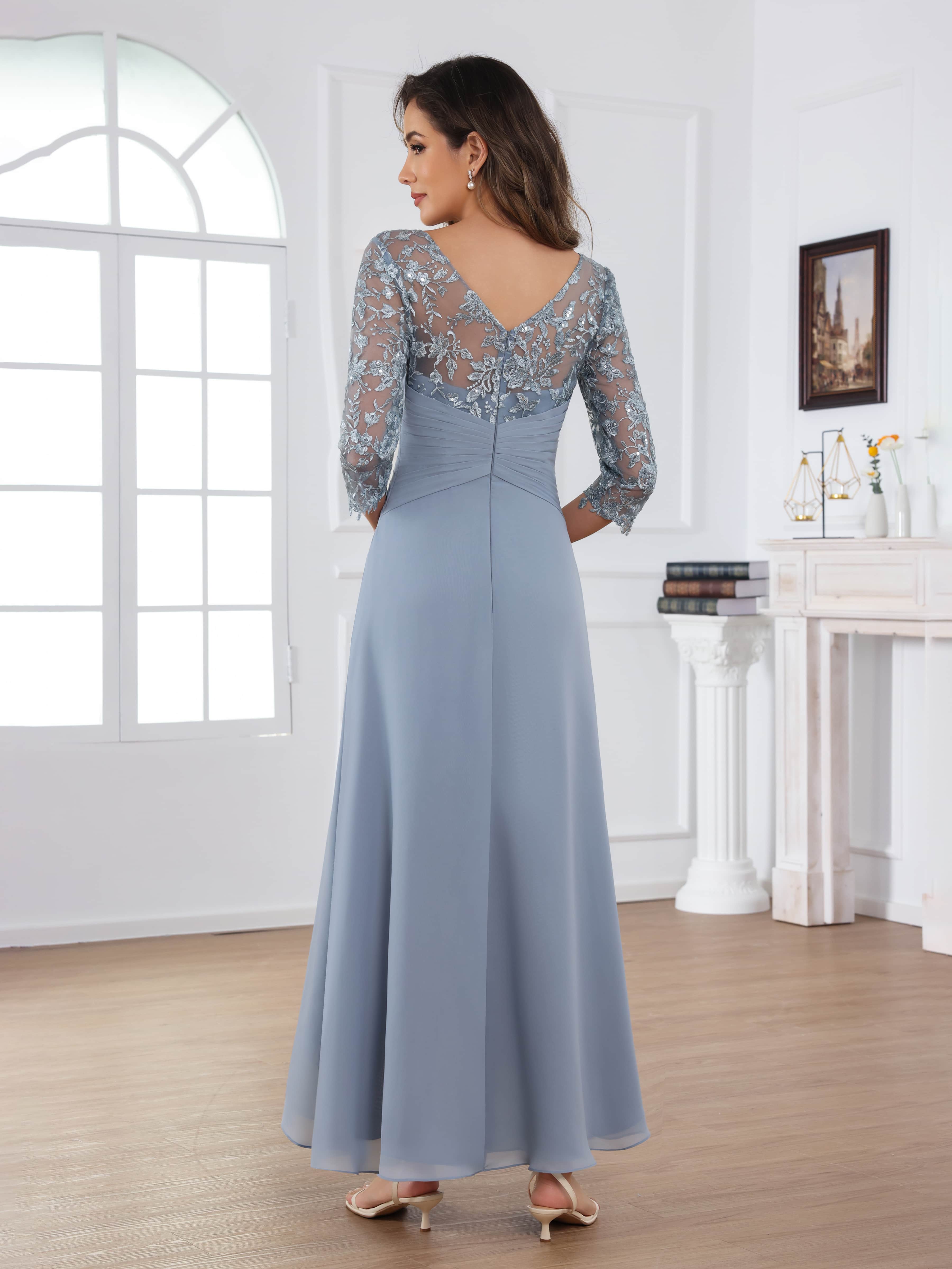 Praelithryn Delicate A-Line Illusion Appliques Ruched Long Chiffon Mother of the Bride Dresses