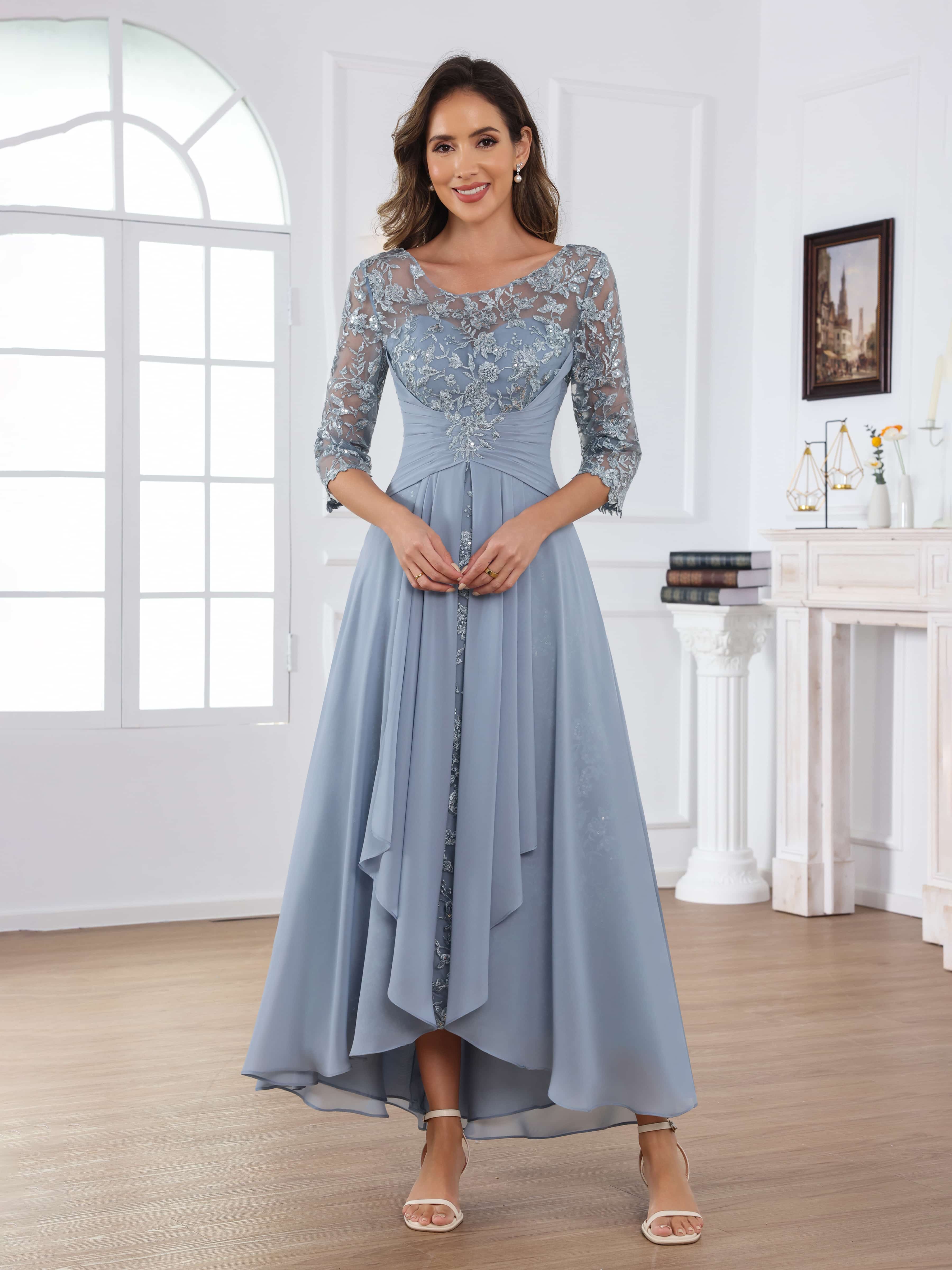 Praelithryn Delicate A-Line Illusion Appliques Ruched Long Chiffon Mother of the Bride Dresses