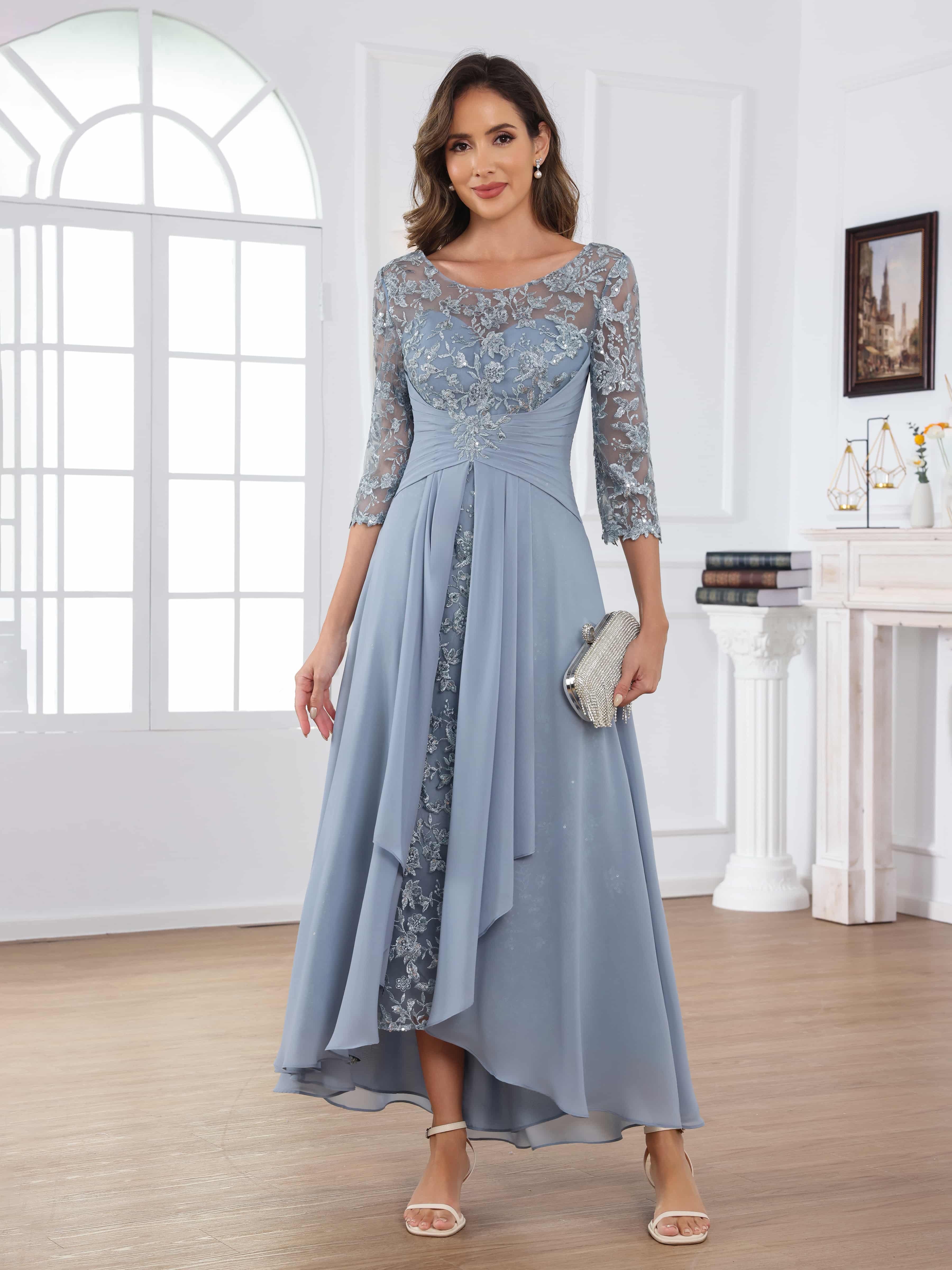 Praelithryn Delicate A-Line Illusion Appliques Ruched Long Chiffon Mother of the Bride Dresses