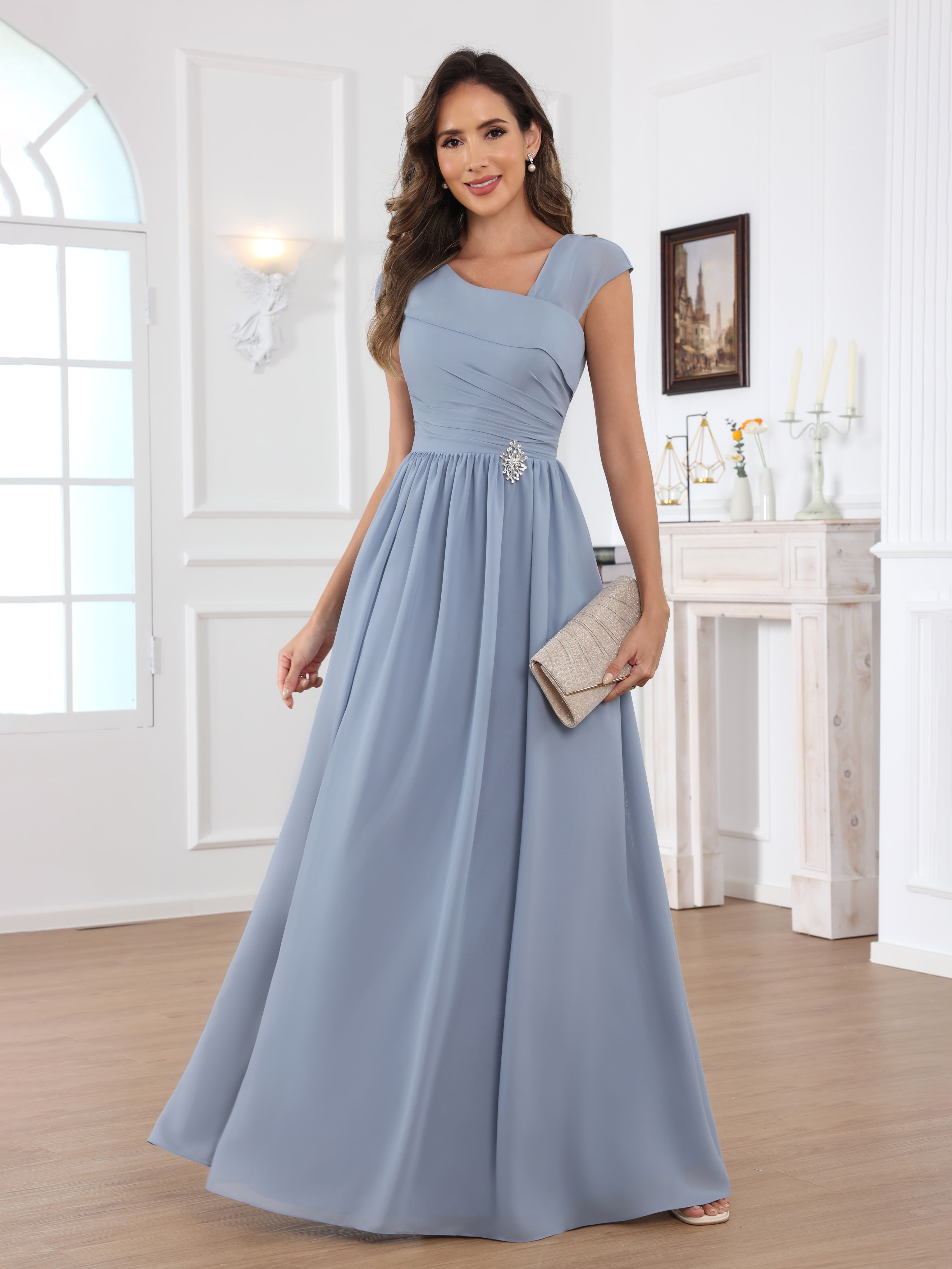 Qaelithryn Elegant A-Line V-neck Beading Floor Length Chiffon Mother of the Bride Dresses