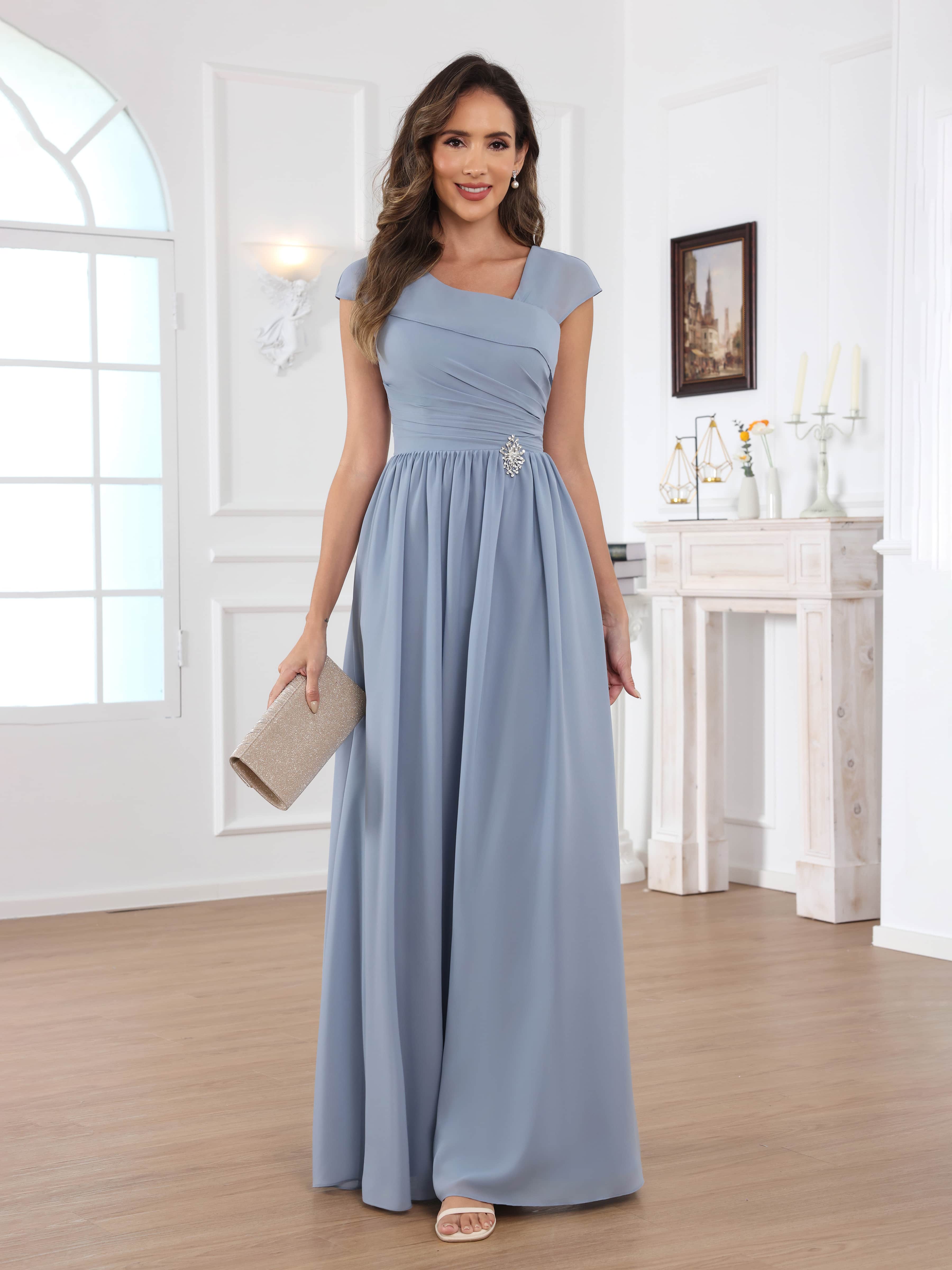 Qaelithryn Elegant A-Line V-neck Beading Floor Length Chiffon Mother of the Bride Dresses