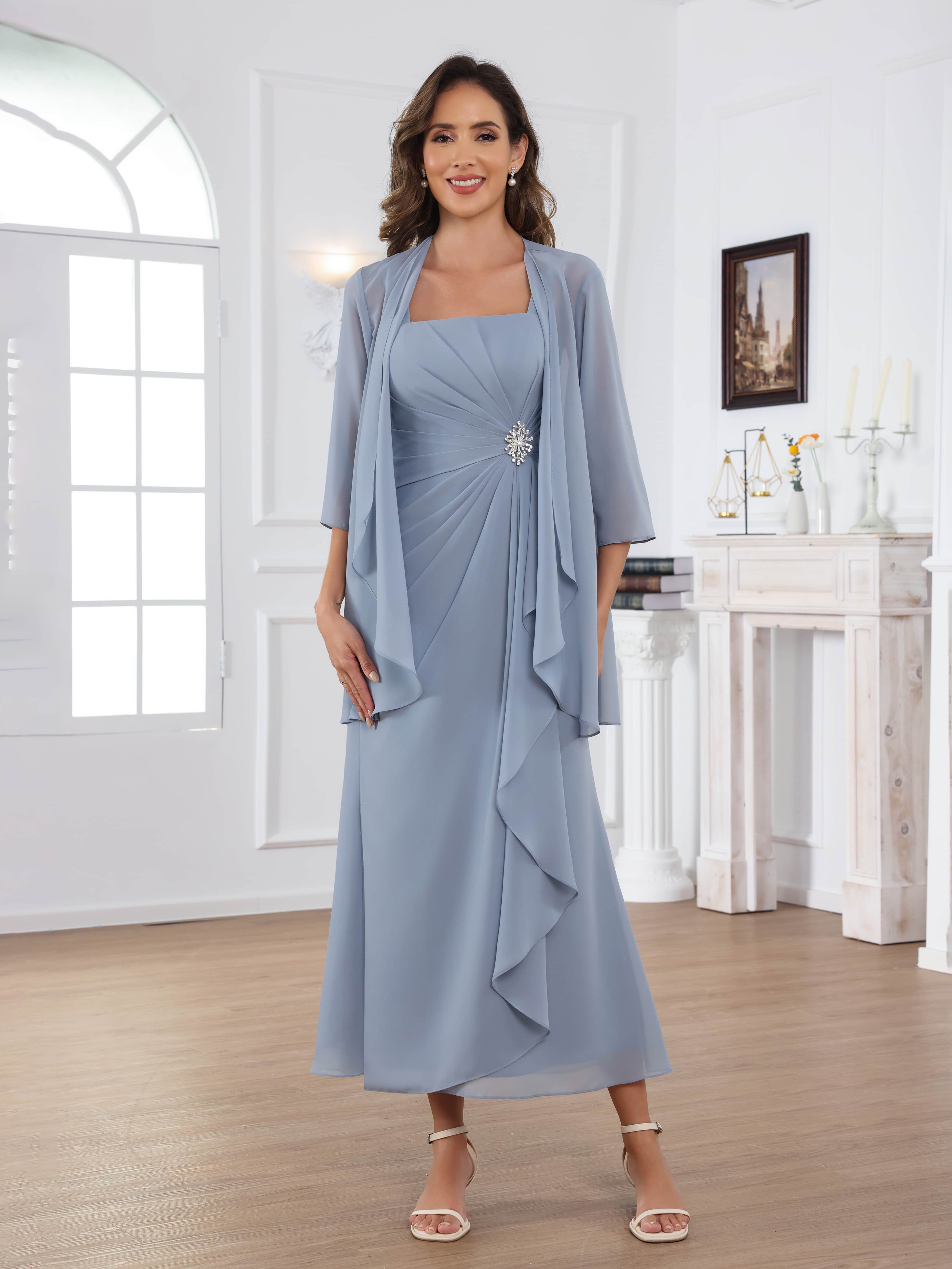 Raelithryn Graceful A-Line Square Beading Ruched 2-Piece Midi Chiffon Mother of the Bride Dresses