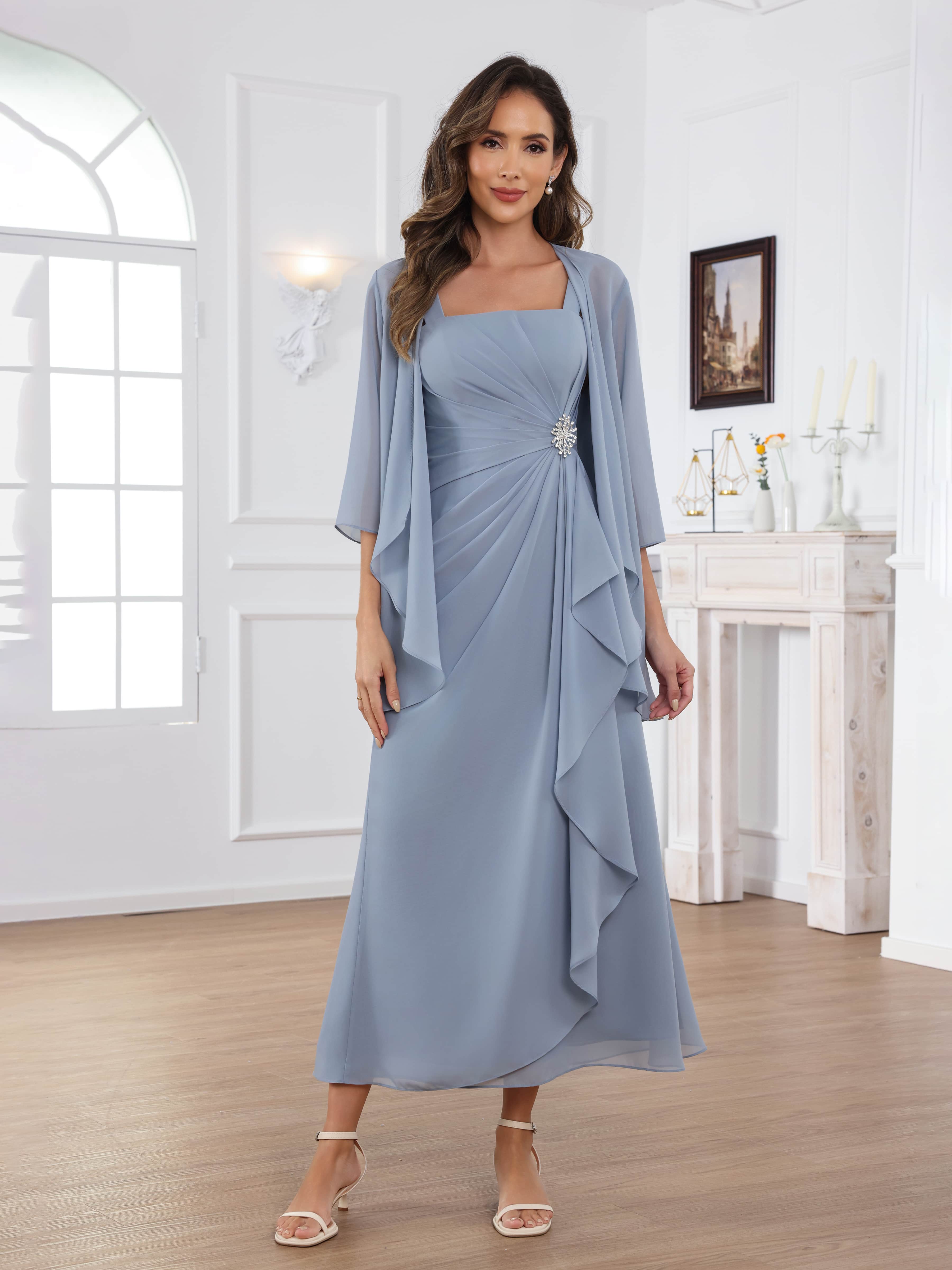 Raelithryn Graceful A-Line Square Beading Ruched 2-Piece Midi Chiffon Mother of the Bride Dresses