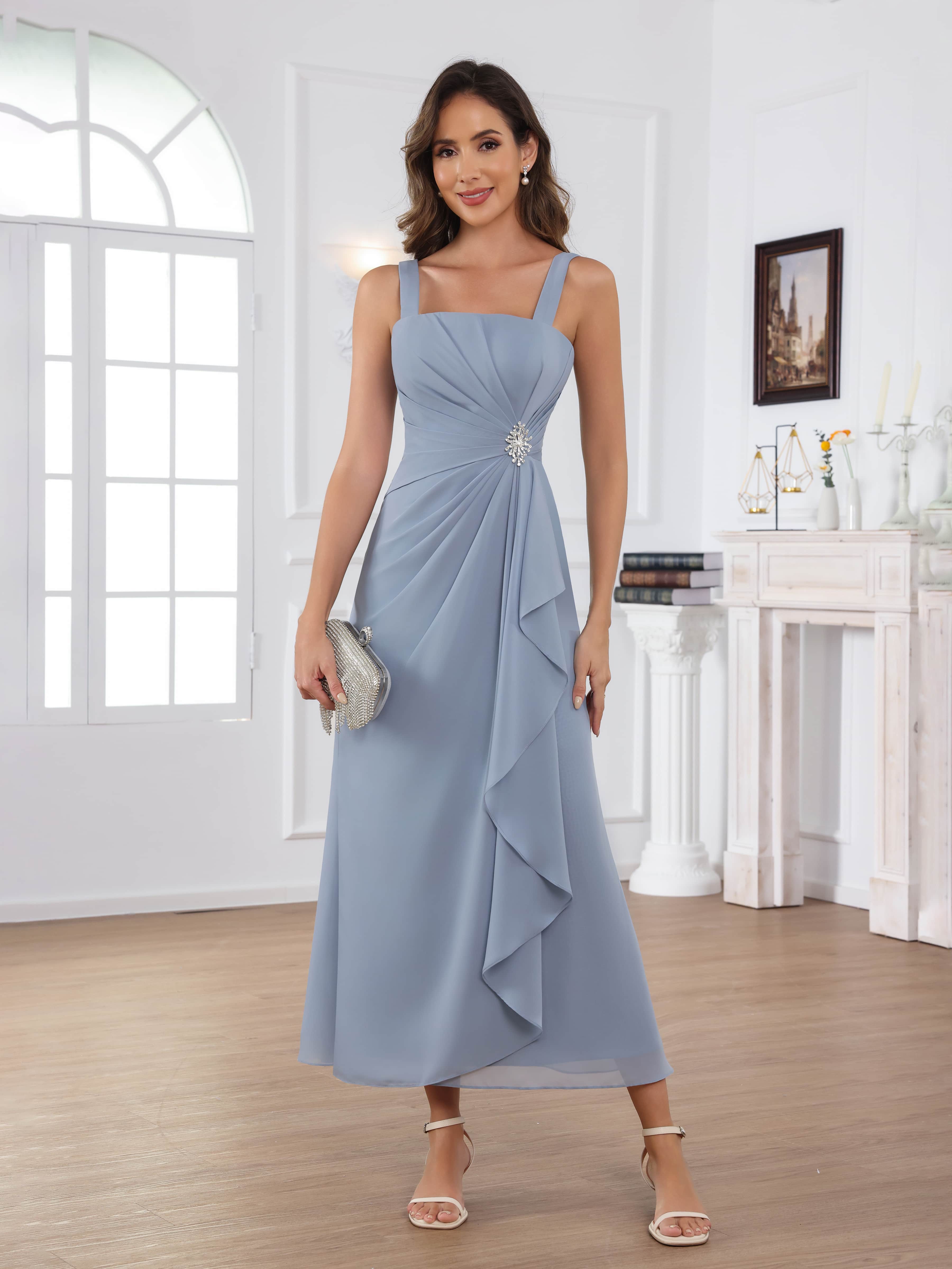 Raelithryn Graceful A-Line Square Beading Ruched 2-Piece Midi Chiffon Mother of the Bride Dresses