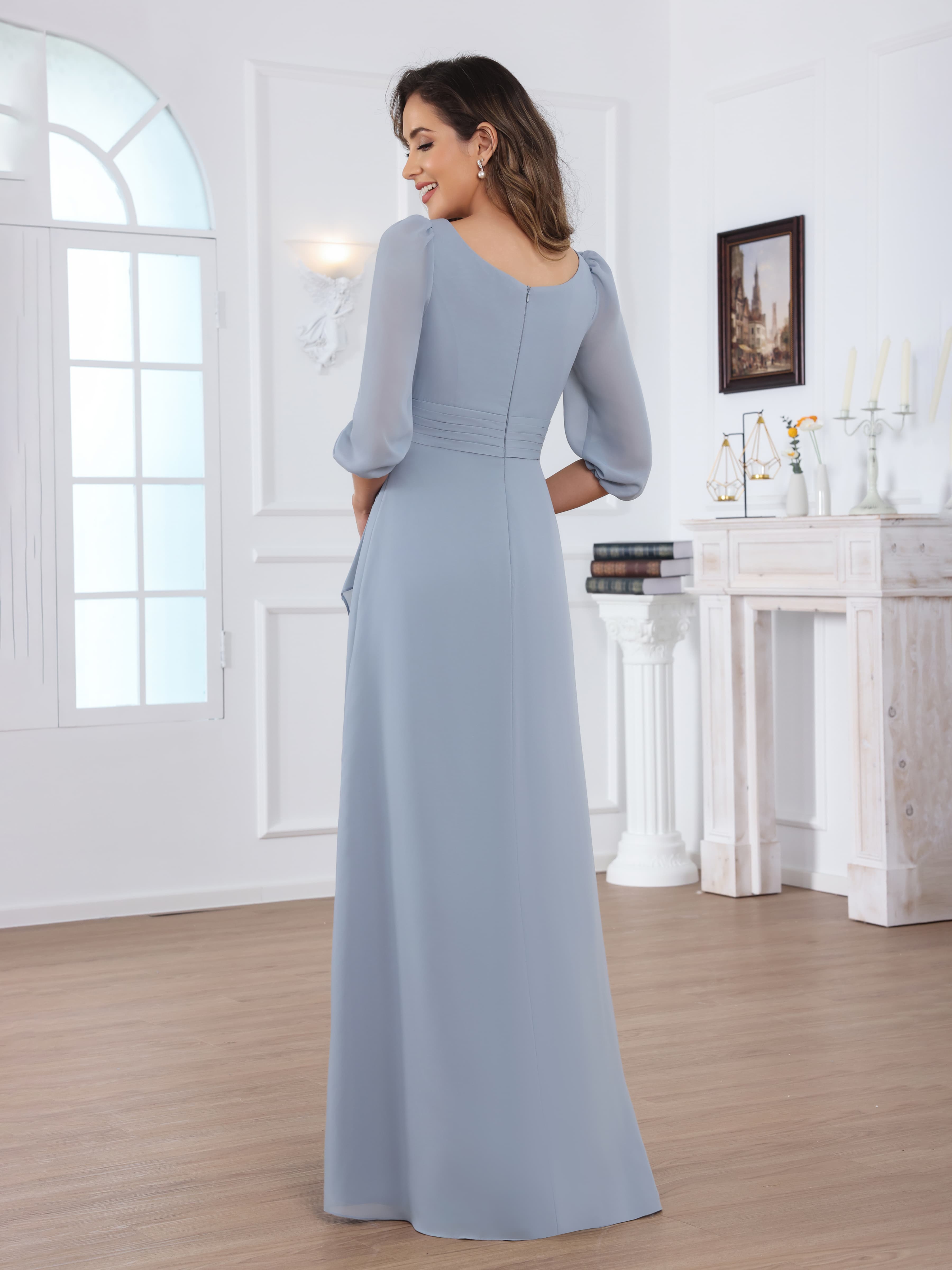 Saelithryn Elegant V Neck Half Sleeves Appliques Ruched Long Chiffon Mother of the Bride Dresses