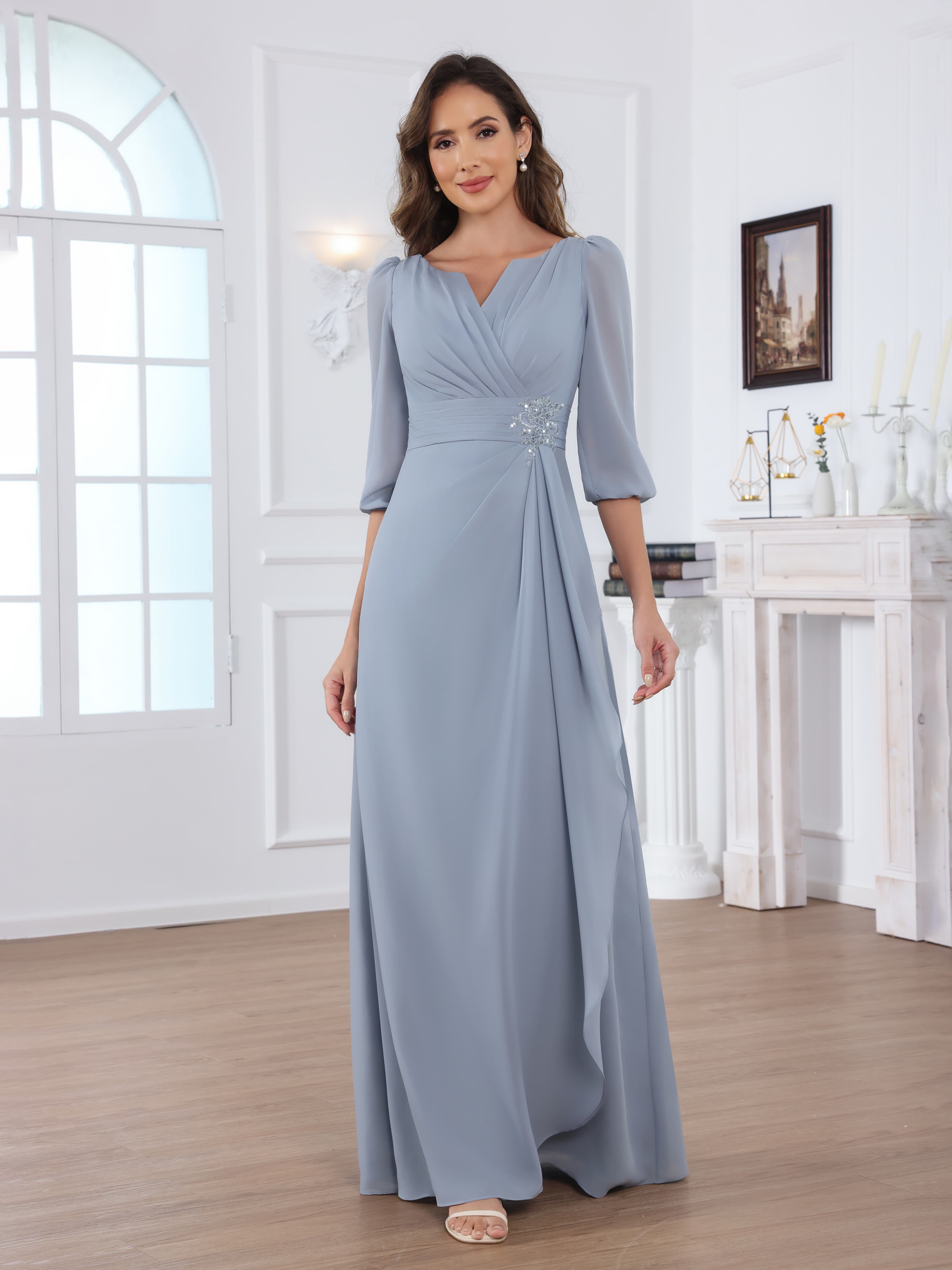 Saelithryn Elegant V Neck Half Sleeves Appliques Ruched Long Chiffon Mother of the Bride Dresses