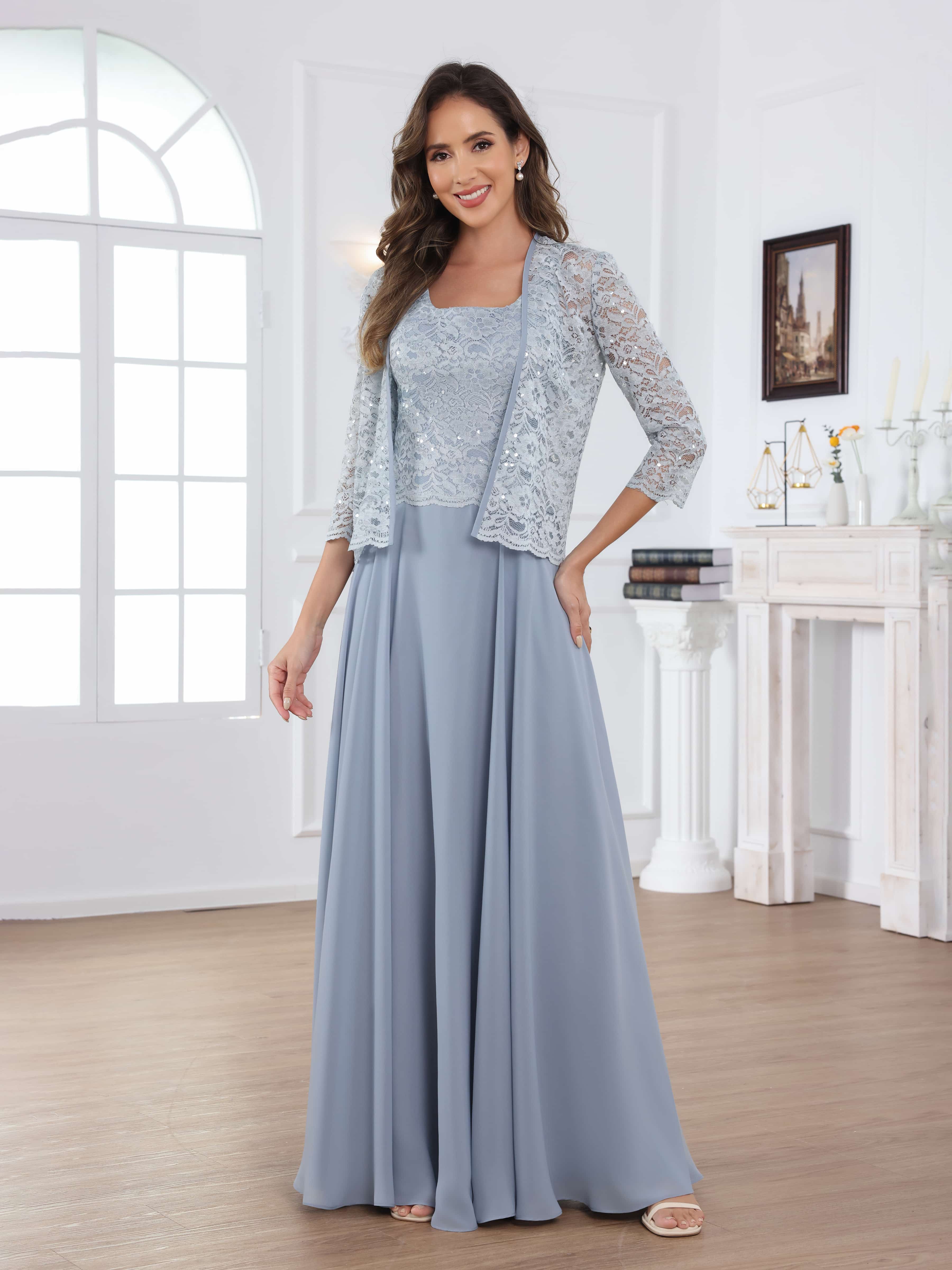 Traelithryn Enchanting A-Line 2-Piece Appliques Lace Chiffon Floor Length Mother of the Bride Dresses