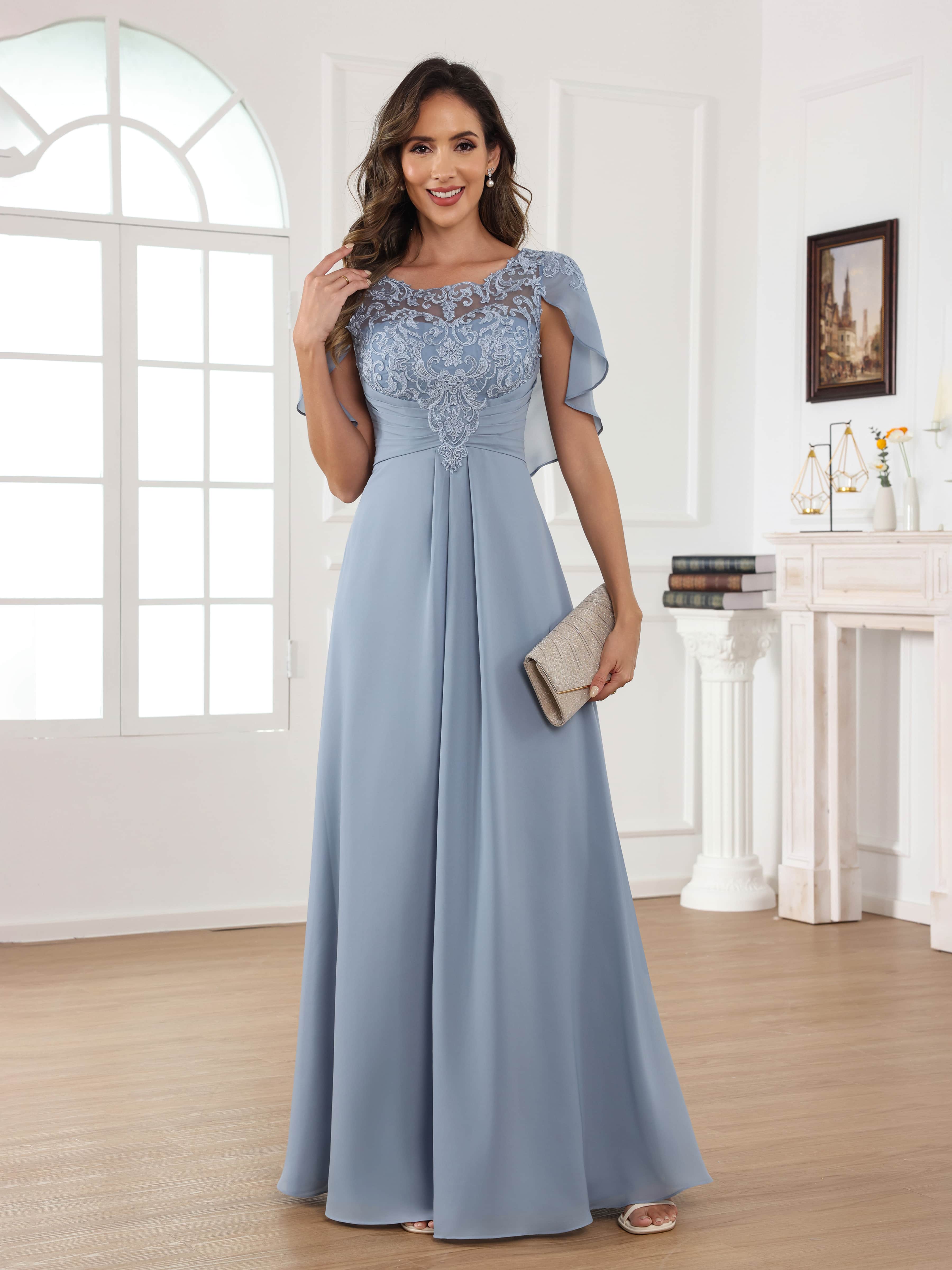 Aelithara Ethereal Illusion Appliques Pleated Long Chiffon Mother of the Bride Dresses With Cape