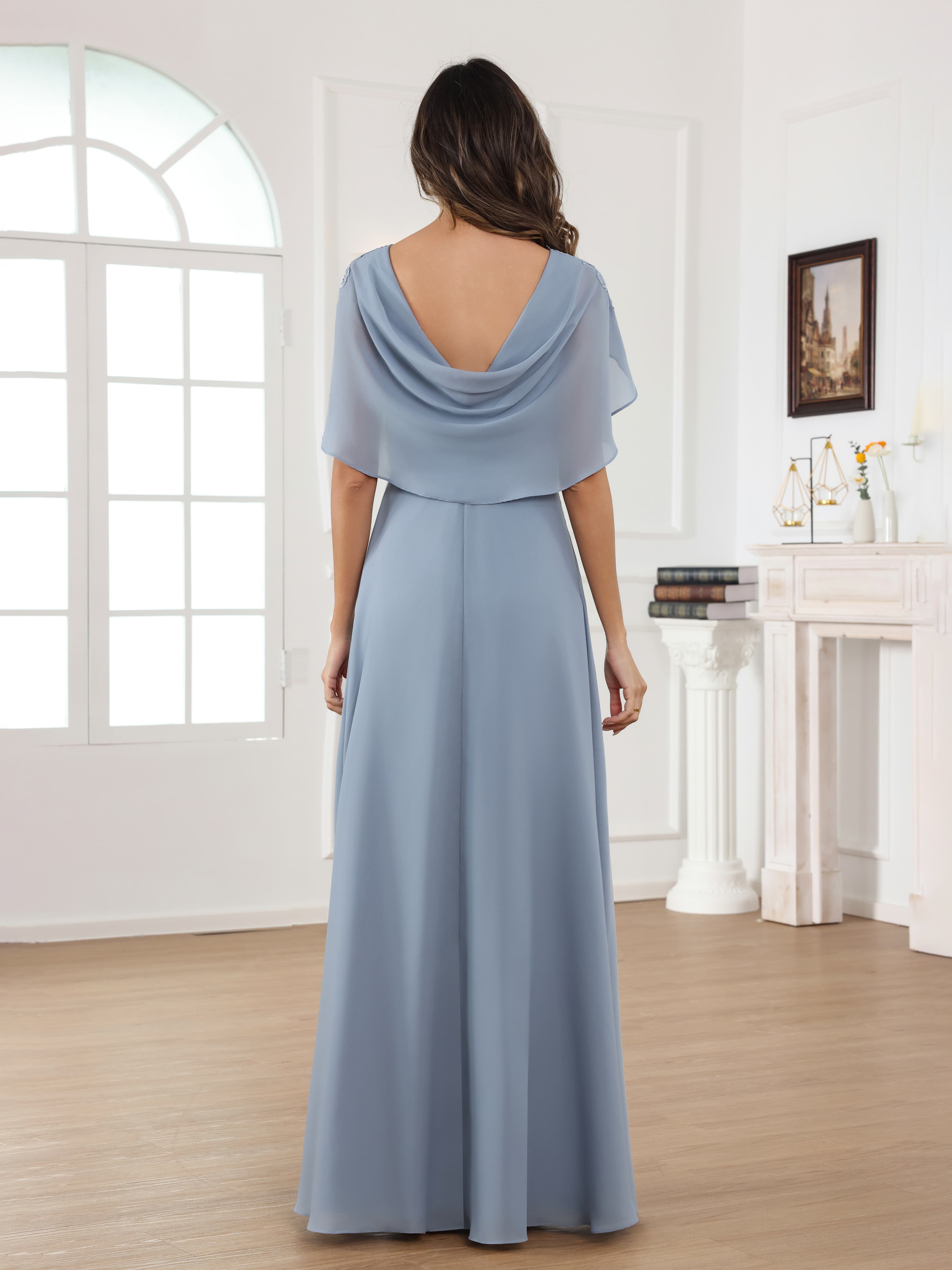 Aelithara Ethereal Illusion Appliques Pleated Long Chiffon Mother of the Bride Dresses With Cape