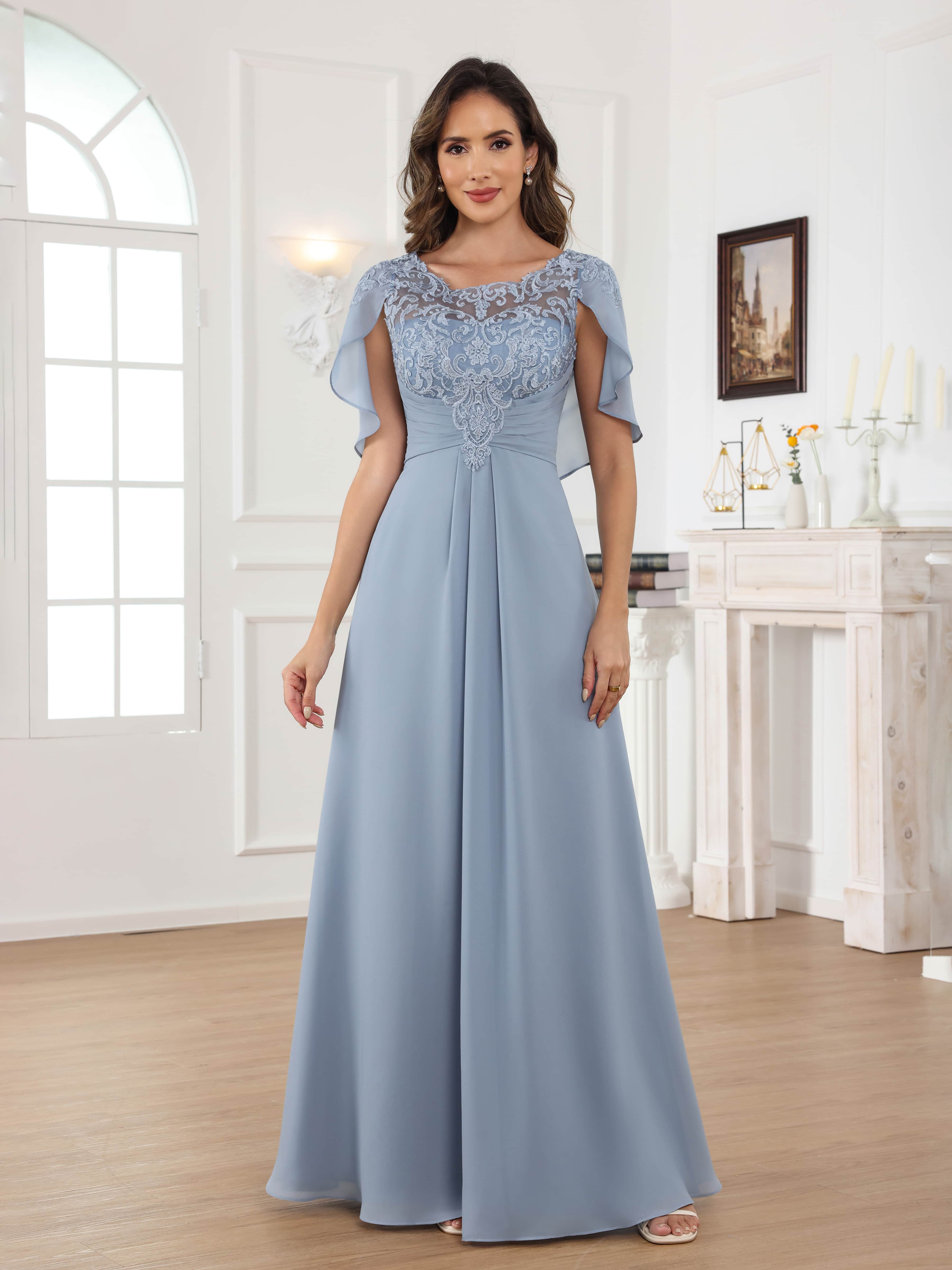 Aelithara Ethereal Illusion Appliques Pleated Long Chiffon Mother of the Bride Dresses With Cape