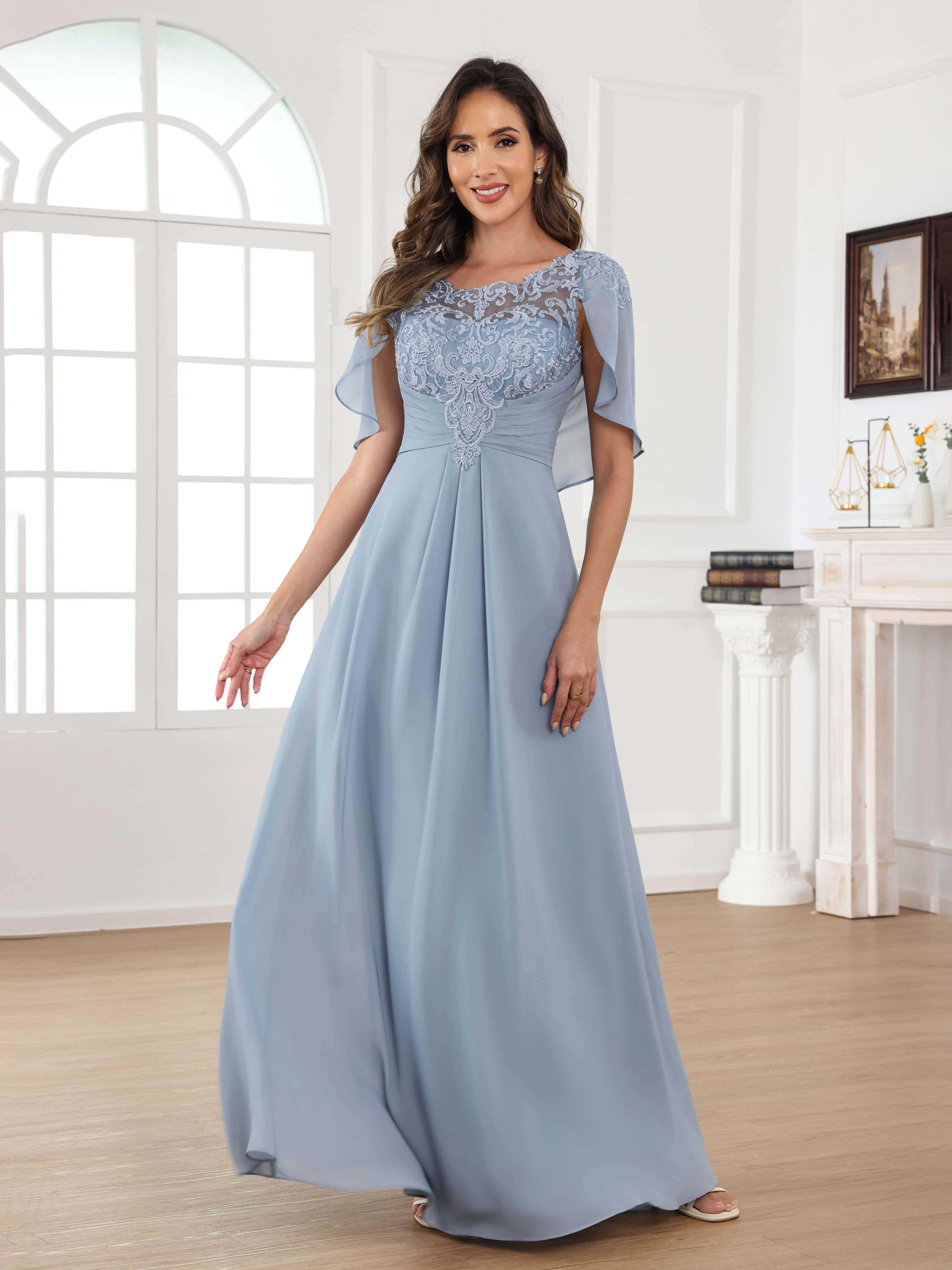 Aelithara Ethereal Illusion Appliques Pleated Long Chiffon Mother of the Bride Dresses With Cape