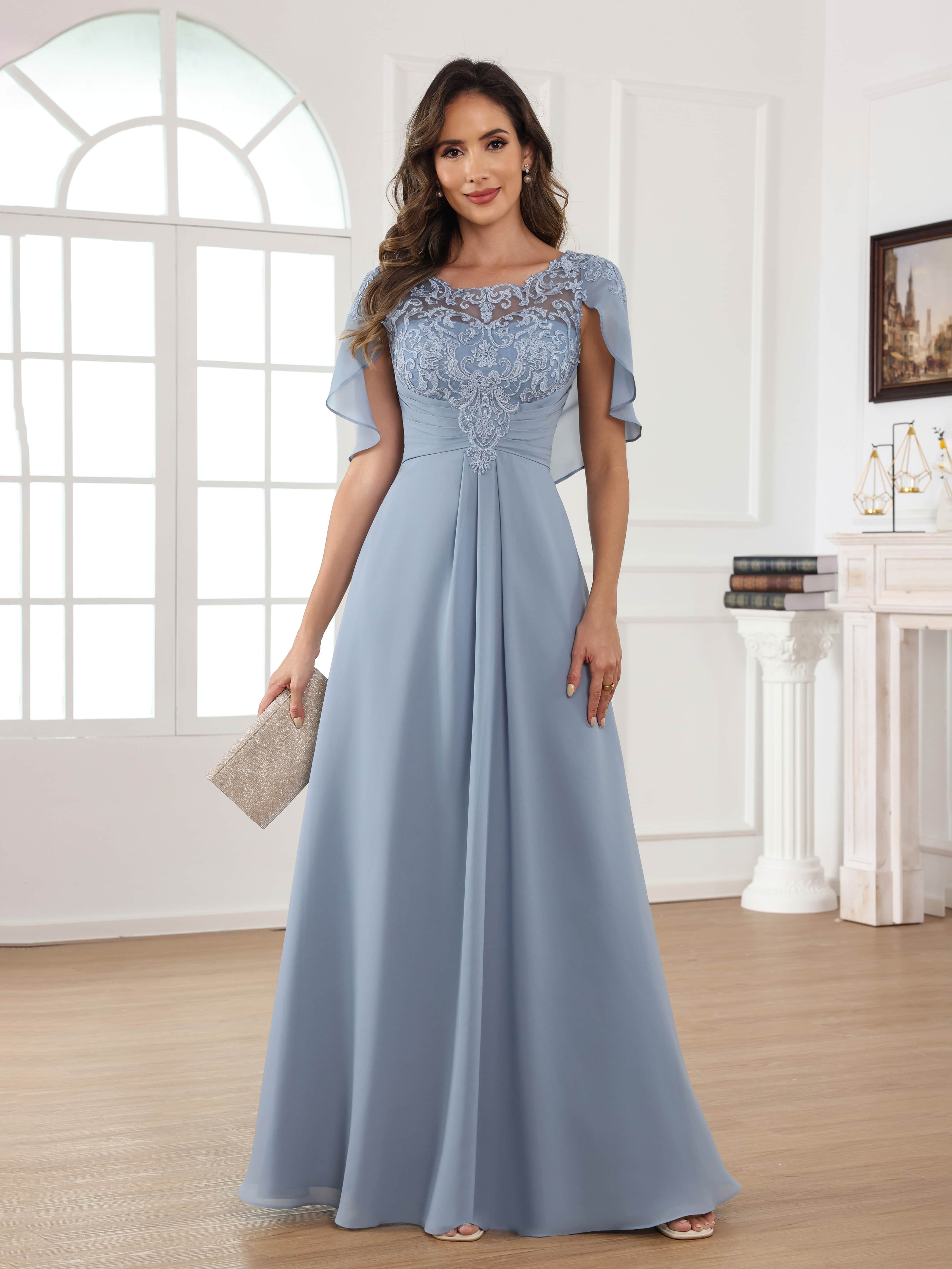 Aelithara Ethereal Illusion Appliques Pleated Long Chiffon Mother of the Bride Dresses With Cape