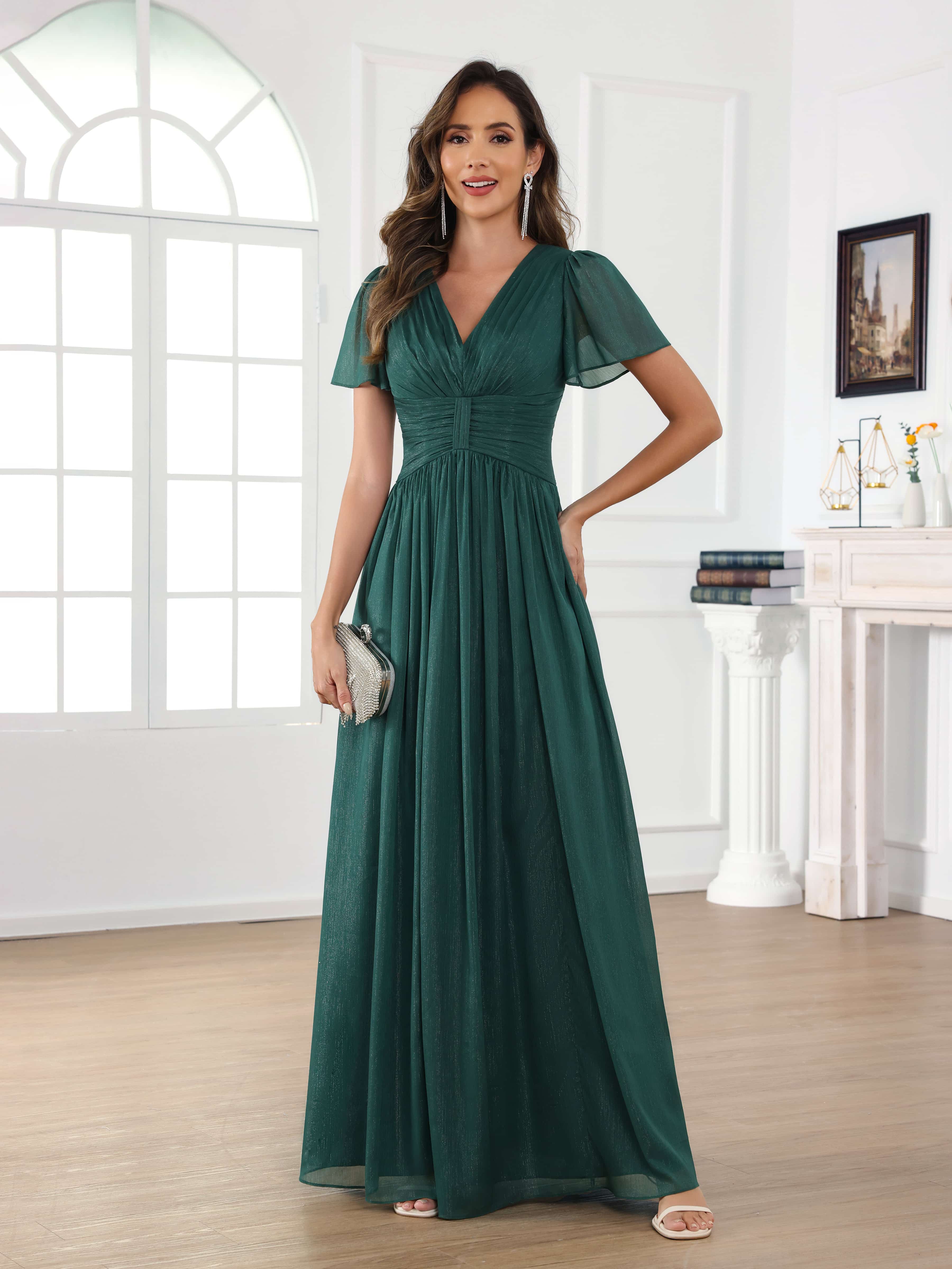 Braelithara Modest A-Line Ruched V Neck Floor Length Mother of the Bride Dresses