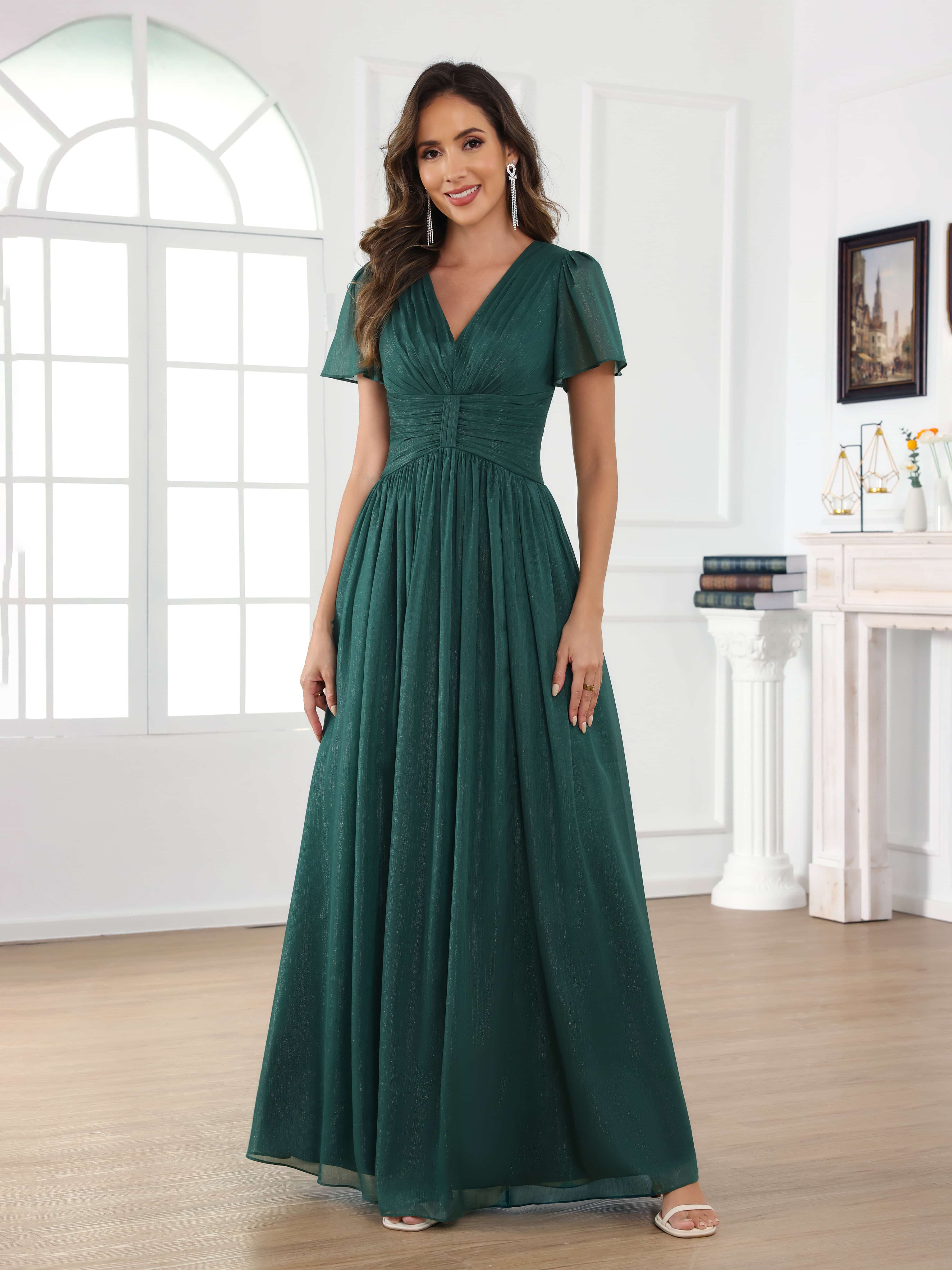 Braelithara Modest A-Line Ruched V Neck Floor Length Mother of the Bride Dresses