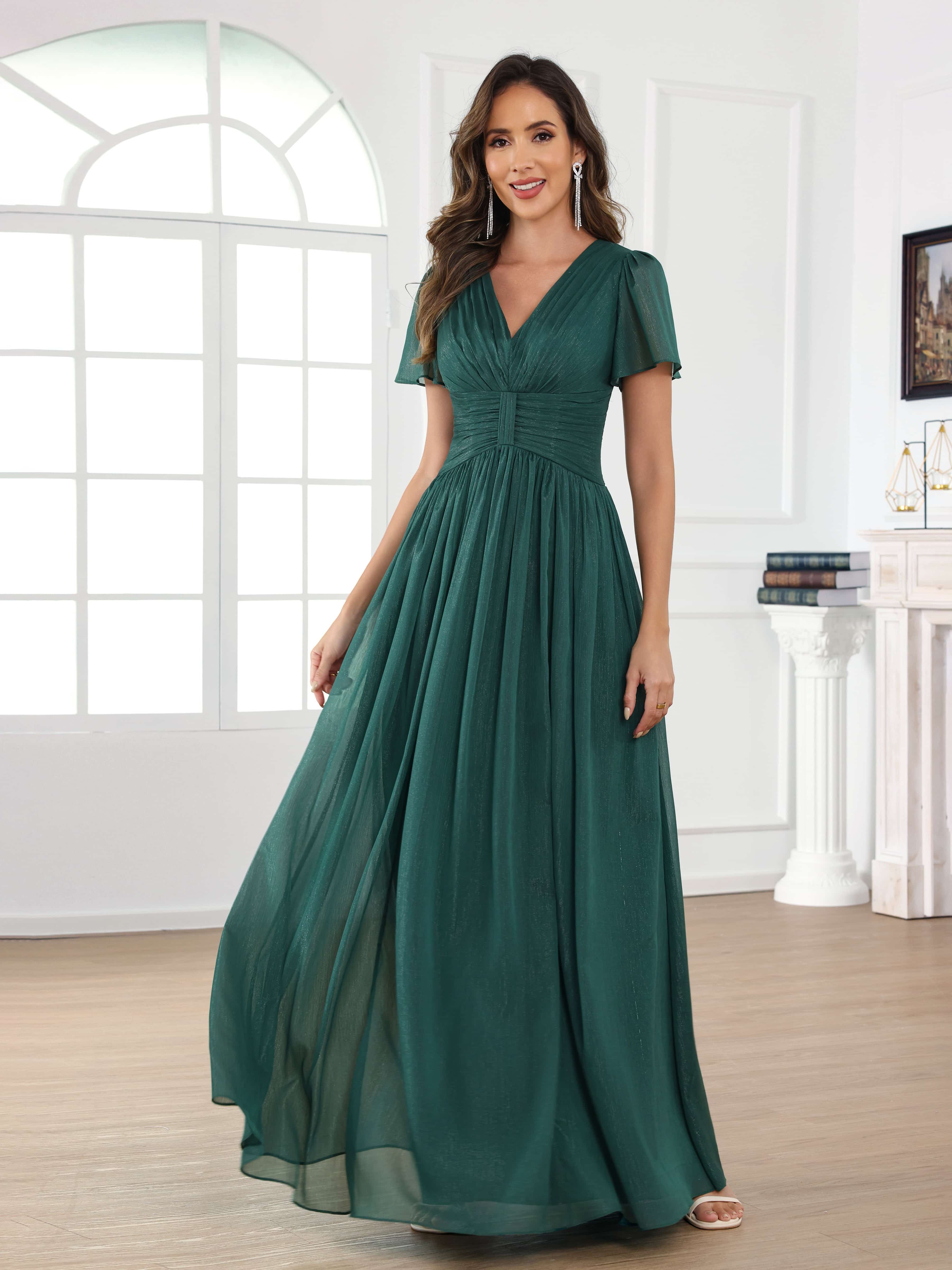 Braelithara Modest A-Line Ruched V Neck Floor Length Mother of the Bride Dresses