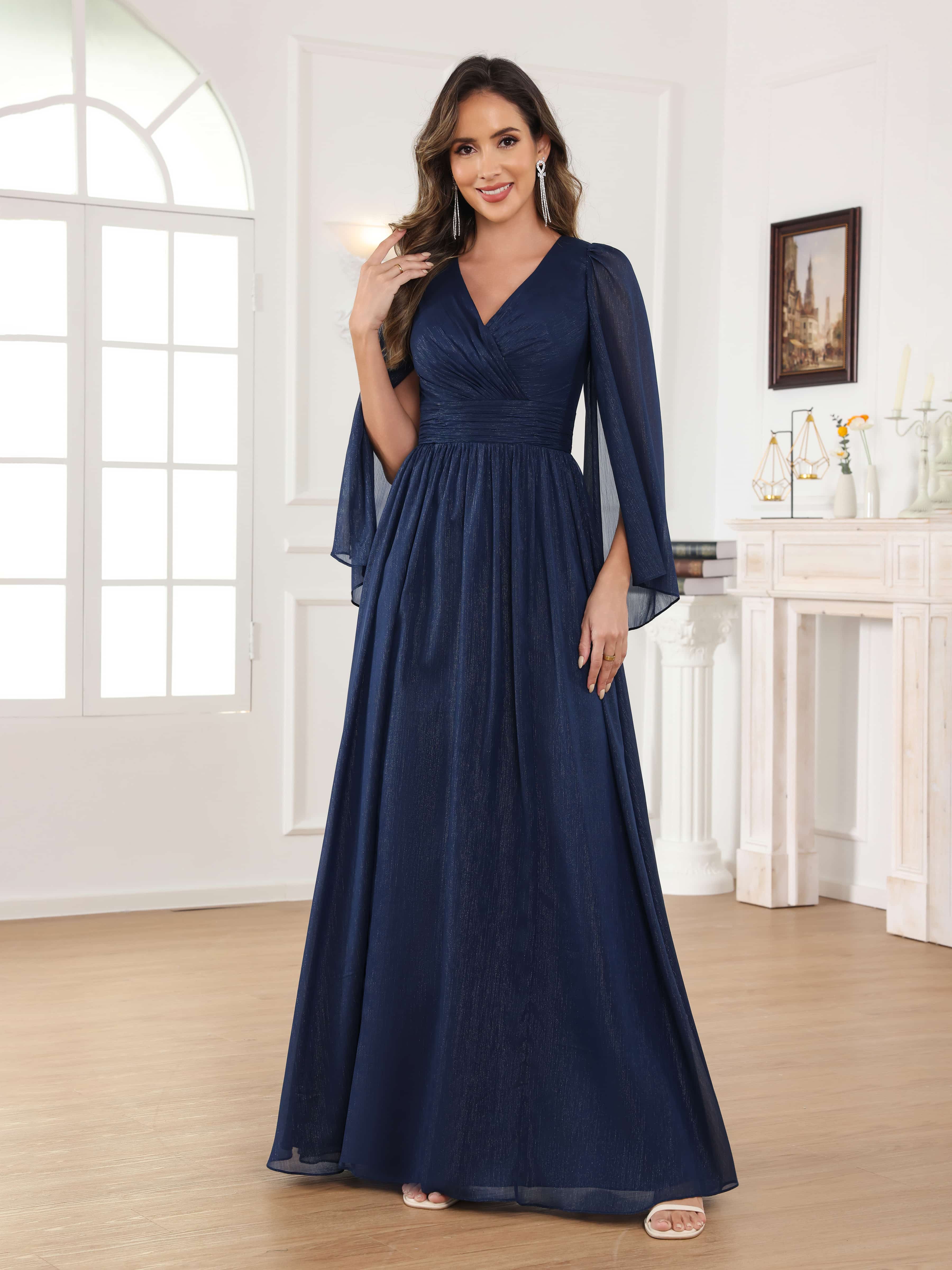 Caelithara Graceful A-Line Pleated V Neck Long Mother of the Bride Dresses