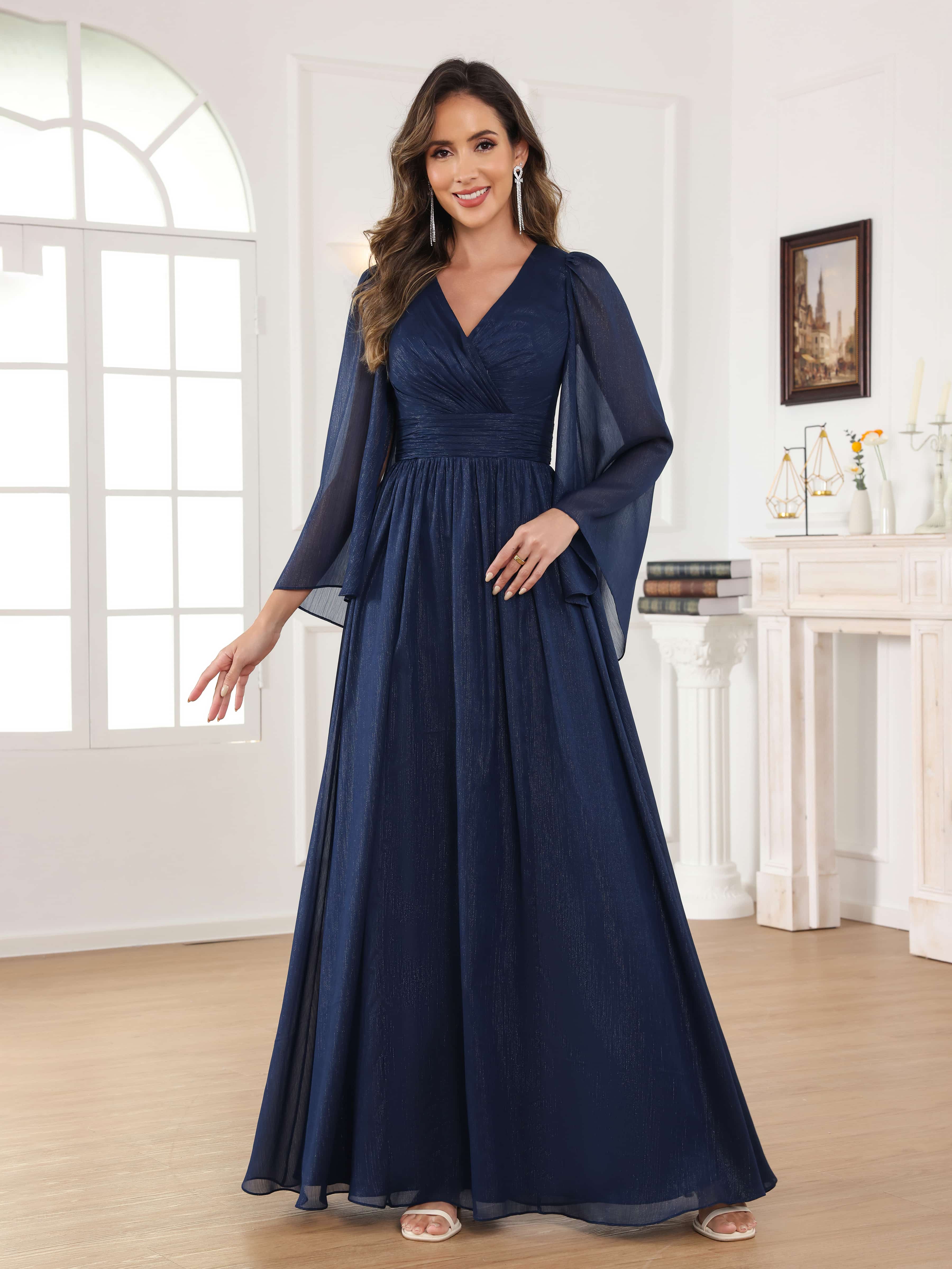 Caelithara Graceful A-Line Pleated V Neck Long Mother of the Bride Dresses
