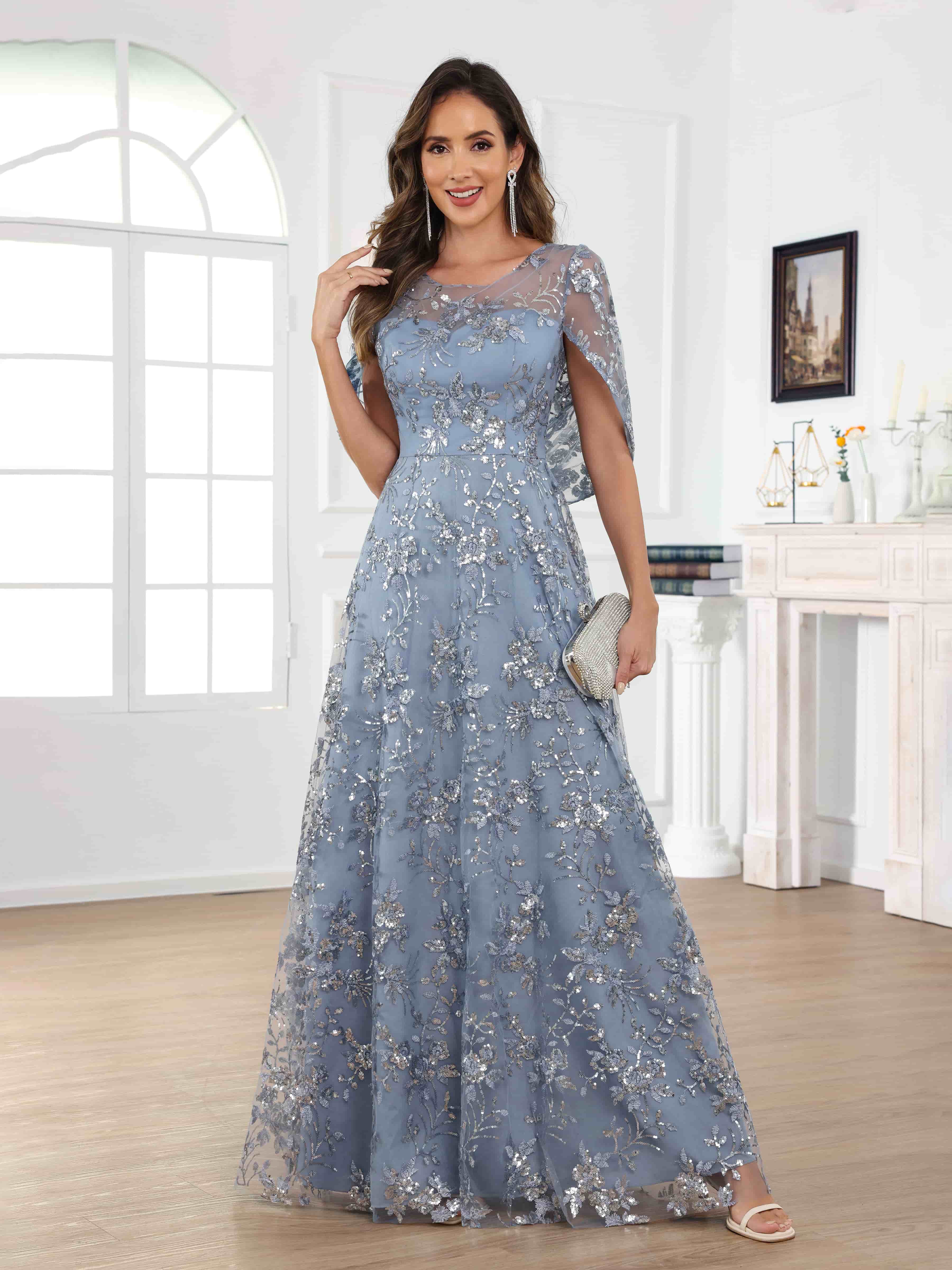 Draelithara Exquisite A-Line Illusion Sequins Lace Long Mother of the Bride Dresses