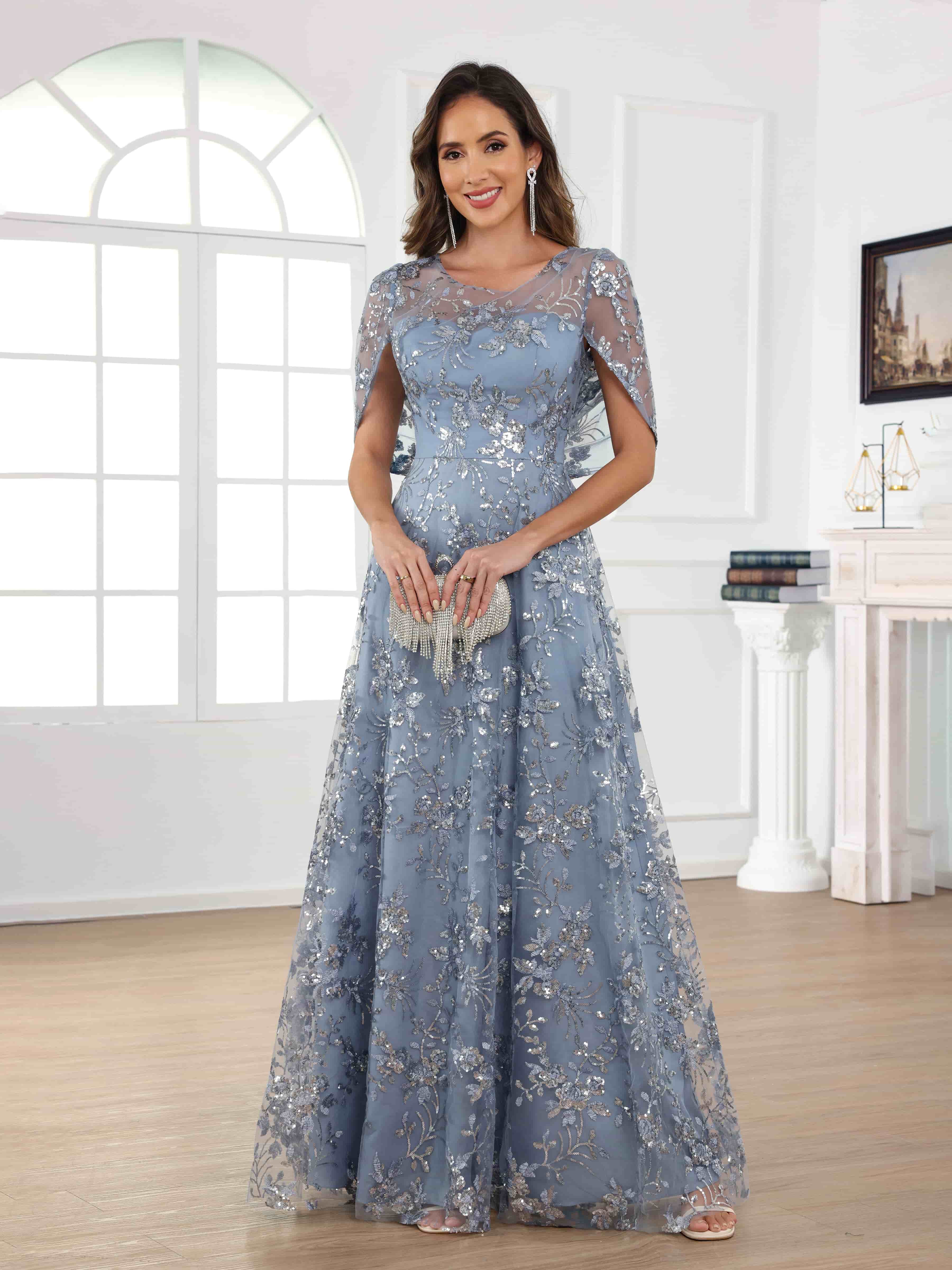 Draelithara Exquisite A-Line Illusion Sequins Lace Long Mother of the Bride Dresses