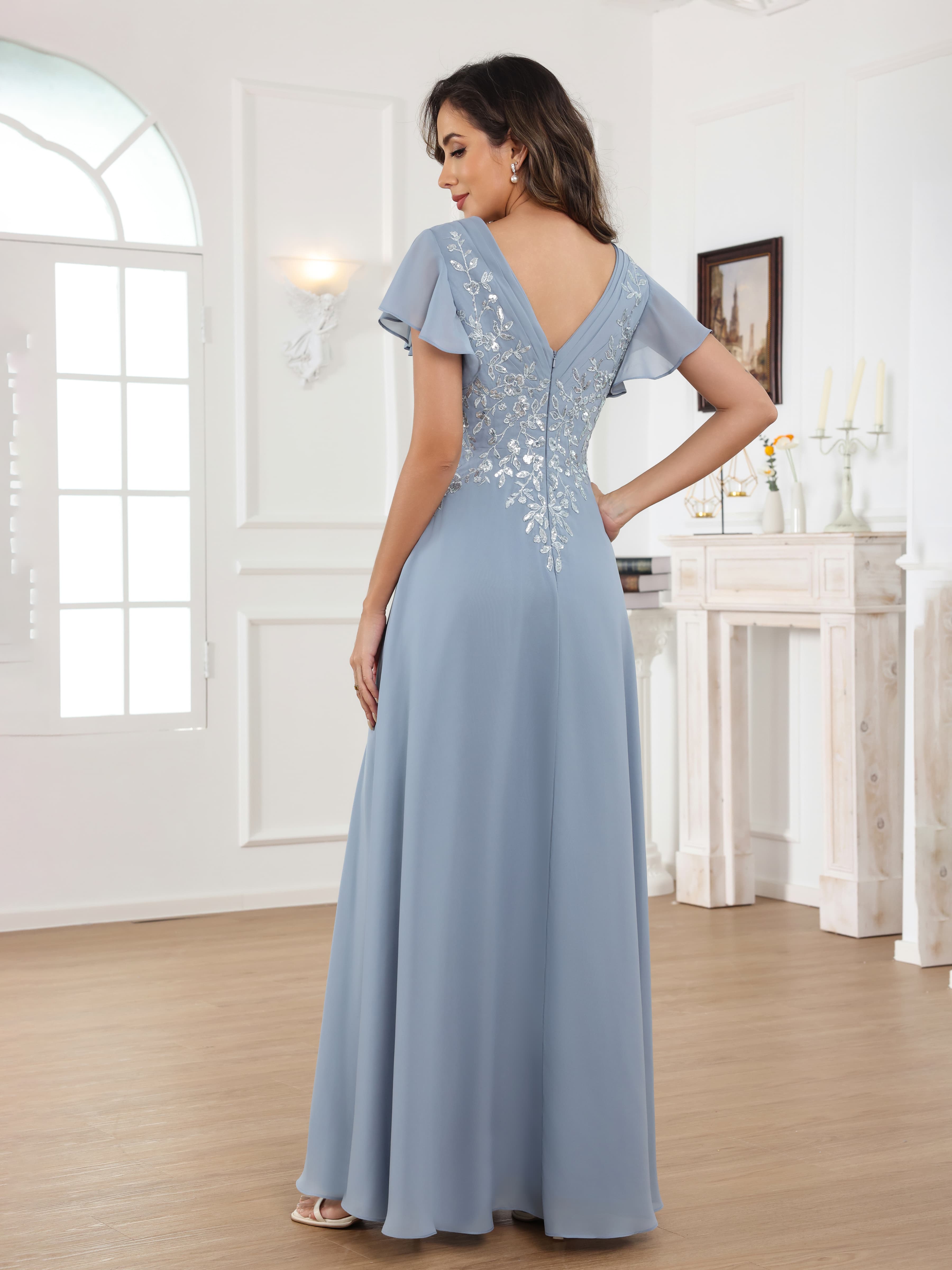 Fraelithara Chic A-Line Short Sleeves Ruched Sequins Lace Long Mother of the Bride Dresses