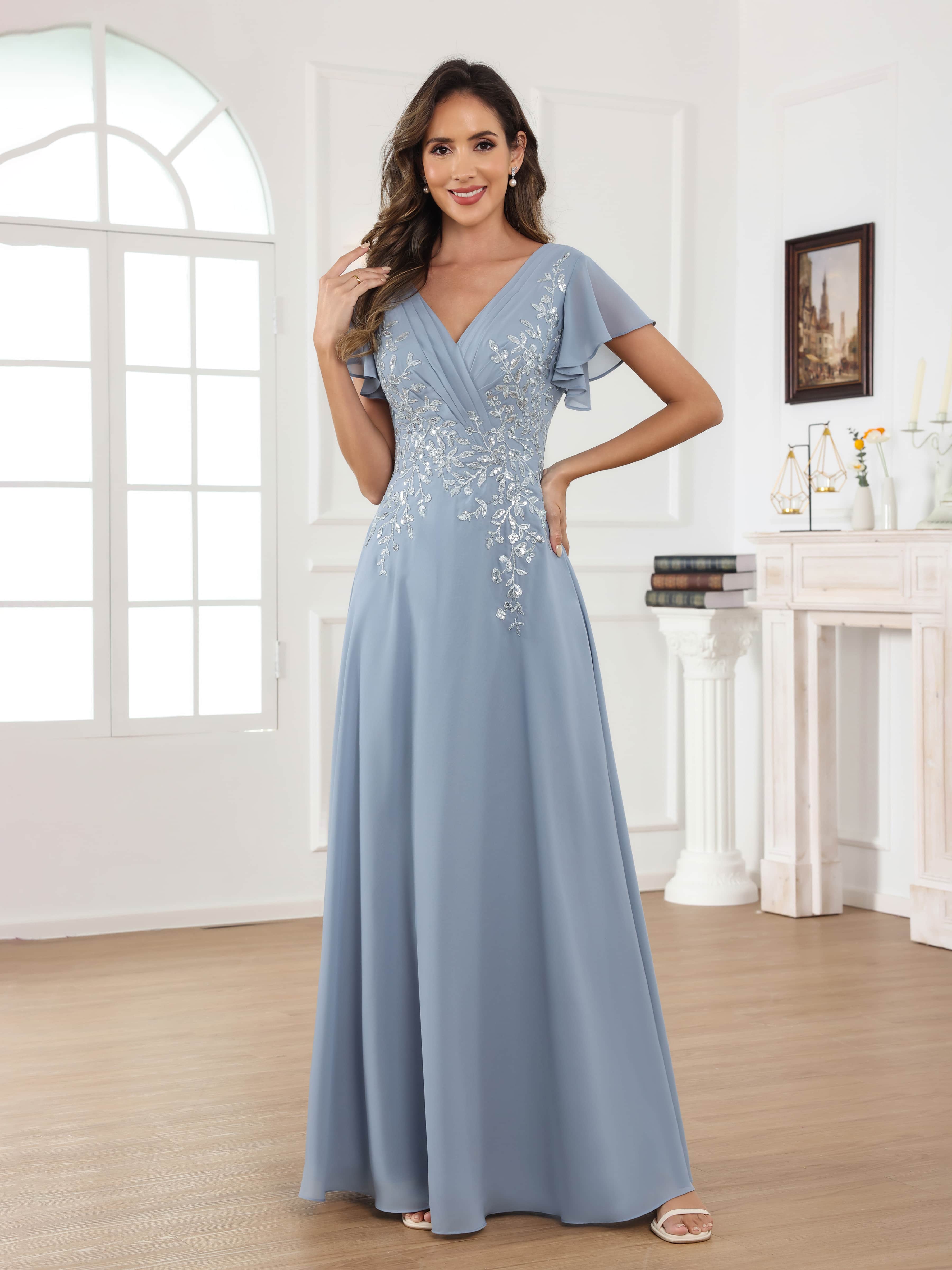 Fraelithara Chic A-Line Short Sleeves Ruched Sequins Lace Long Mother of the Bride Dresses