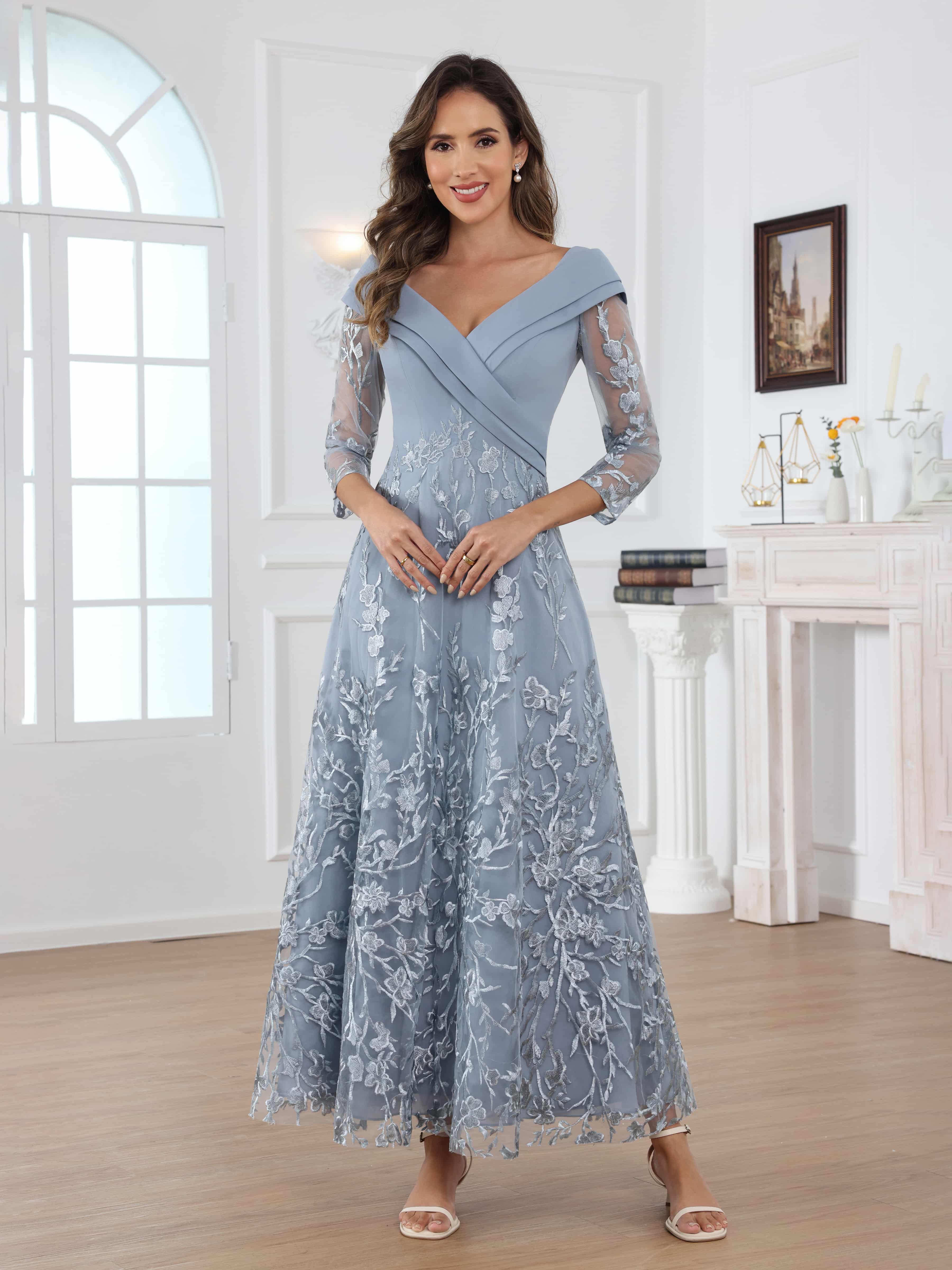 Graelithara Modern A-Line 3/4 Sleeves Ruched Lace Long Chiffon Mother of the Bride Dresses