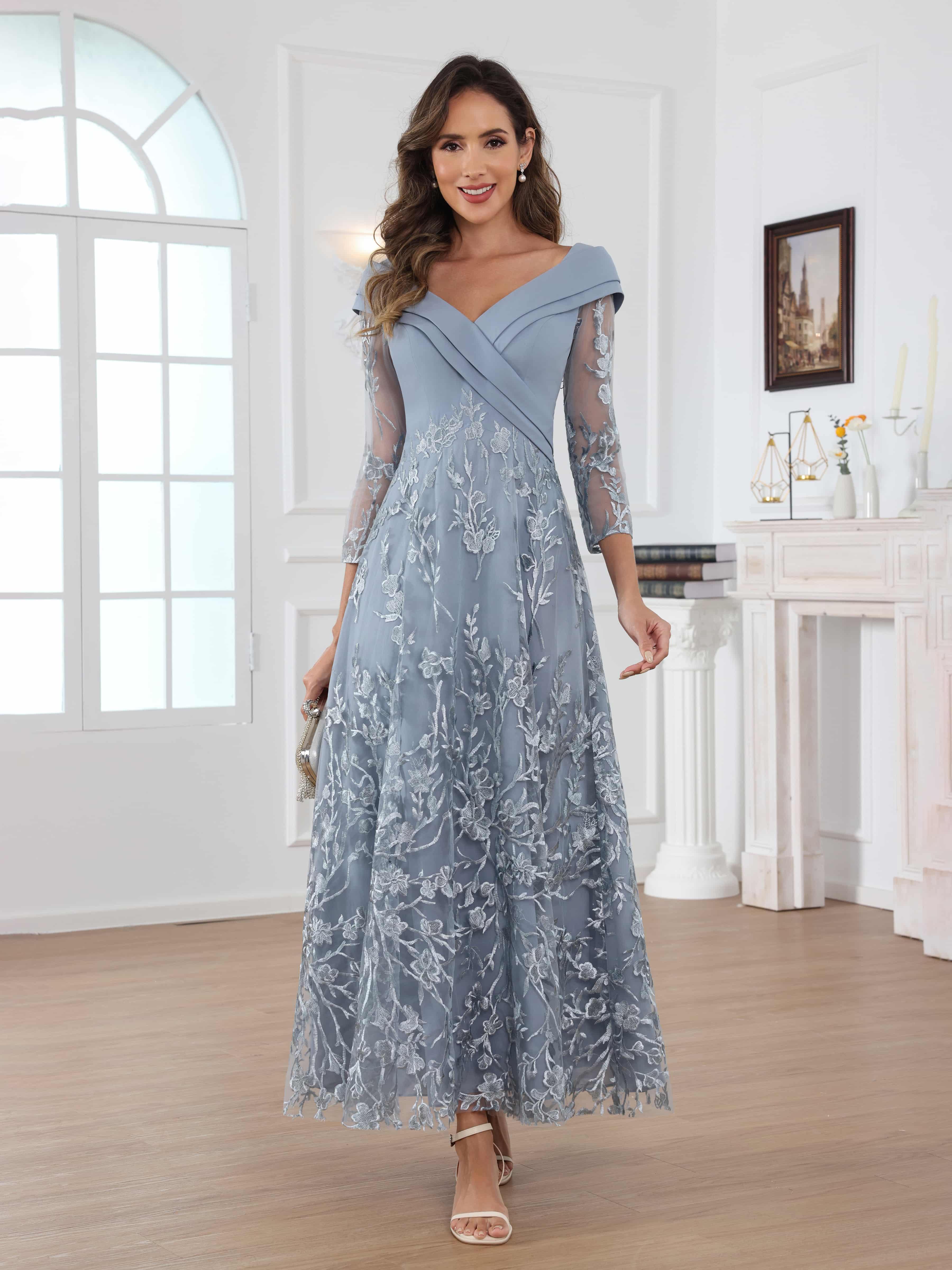 Graelithara Modern A-Line 3/4 Sleeves Ruched Lace Long Chiffon Mother of the Bride Dresses