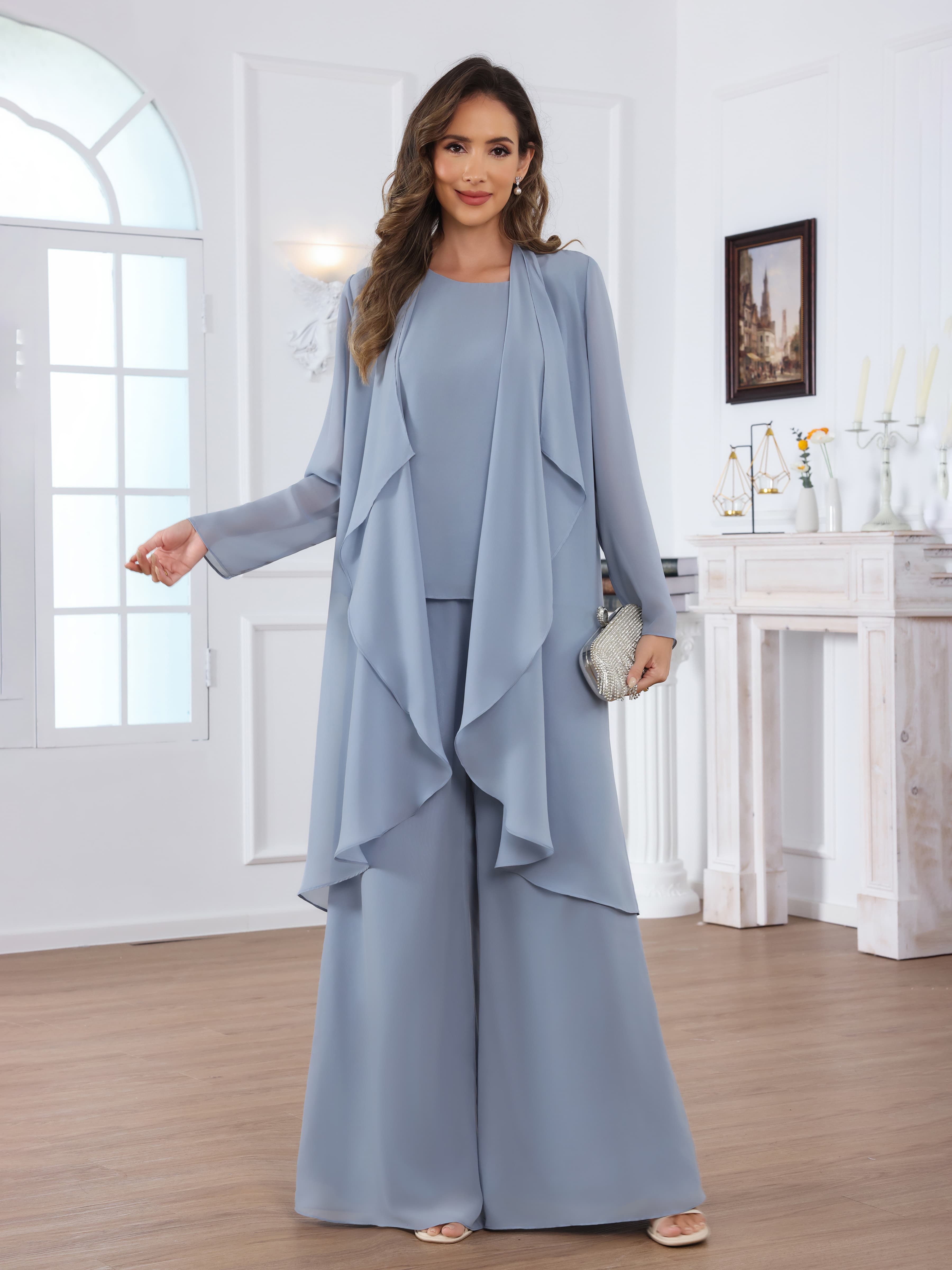 Jaelithara Flattering 3-Piece Long Sleeves Chiffon Mother of the Bride Pantsuit with Jacket
