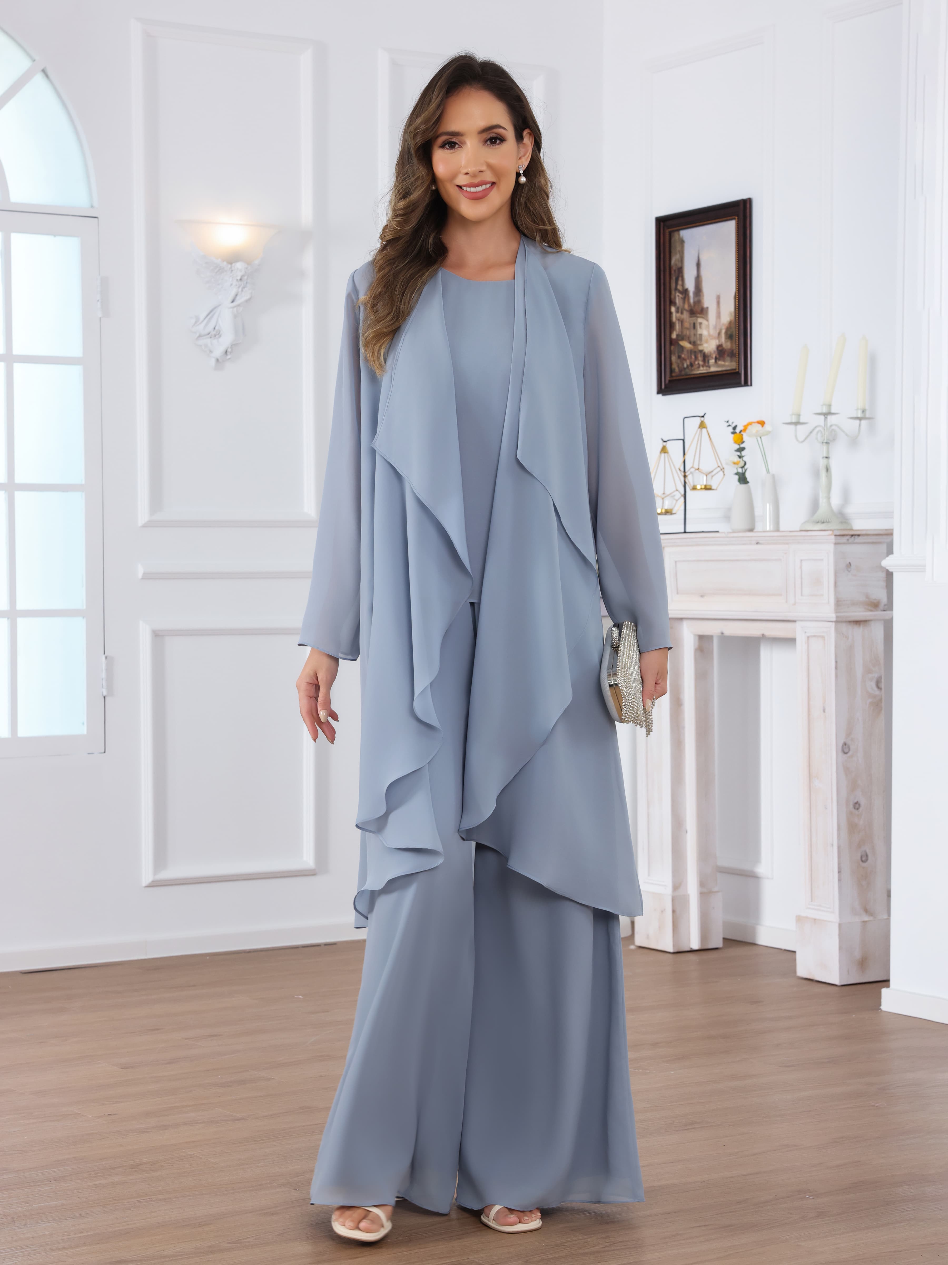 Jaelithara Flattering 3-Piece Long Sleeves Chiffon Mother of the Bride Pantsuit with Jacket