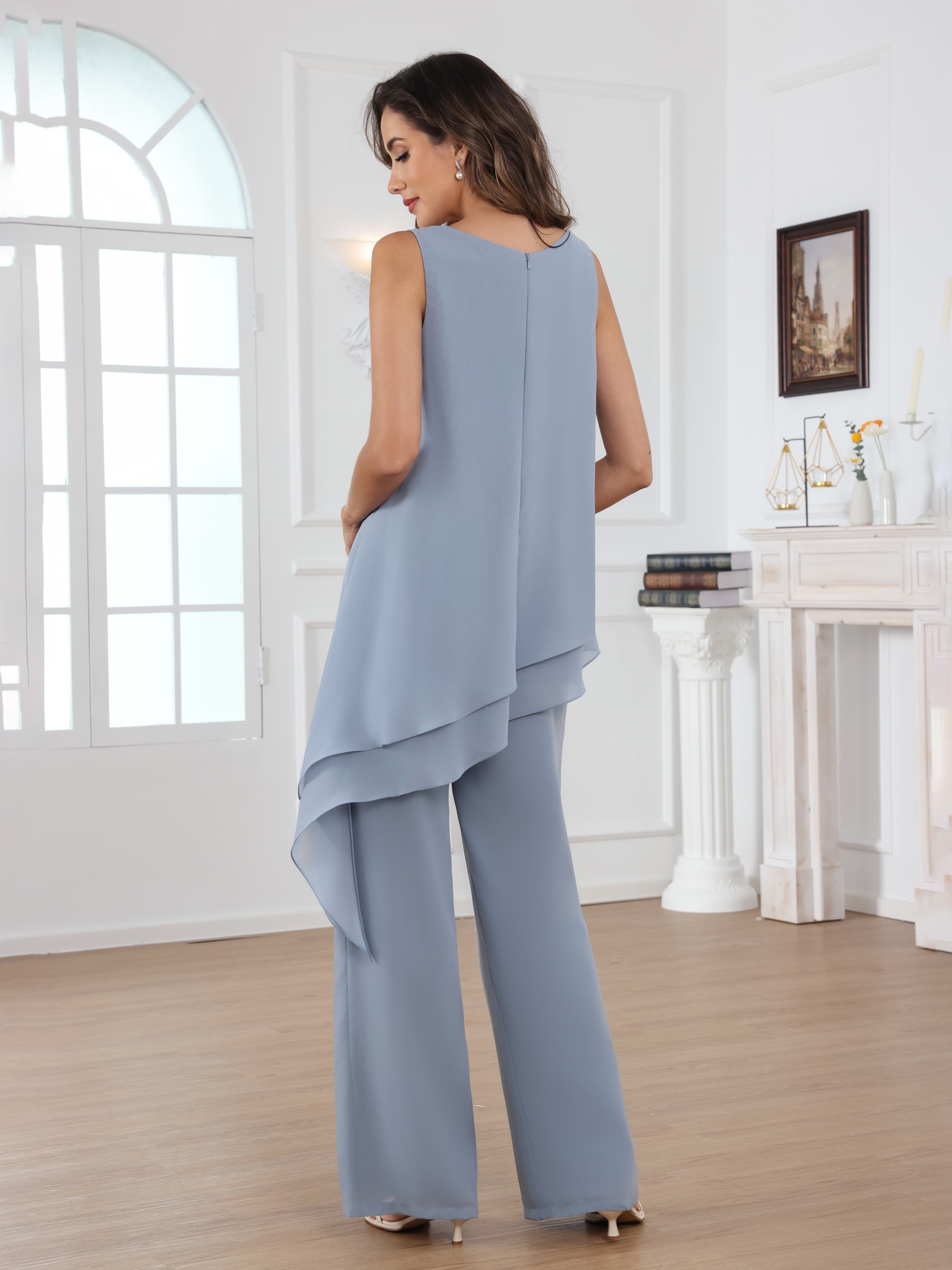 Mraelithara Comfortable 3-Piece Scoop Chiffon Mother of the Bride Pantsuit with Jacket