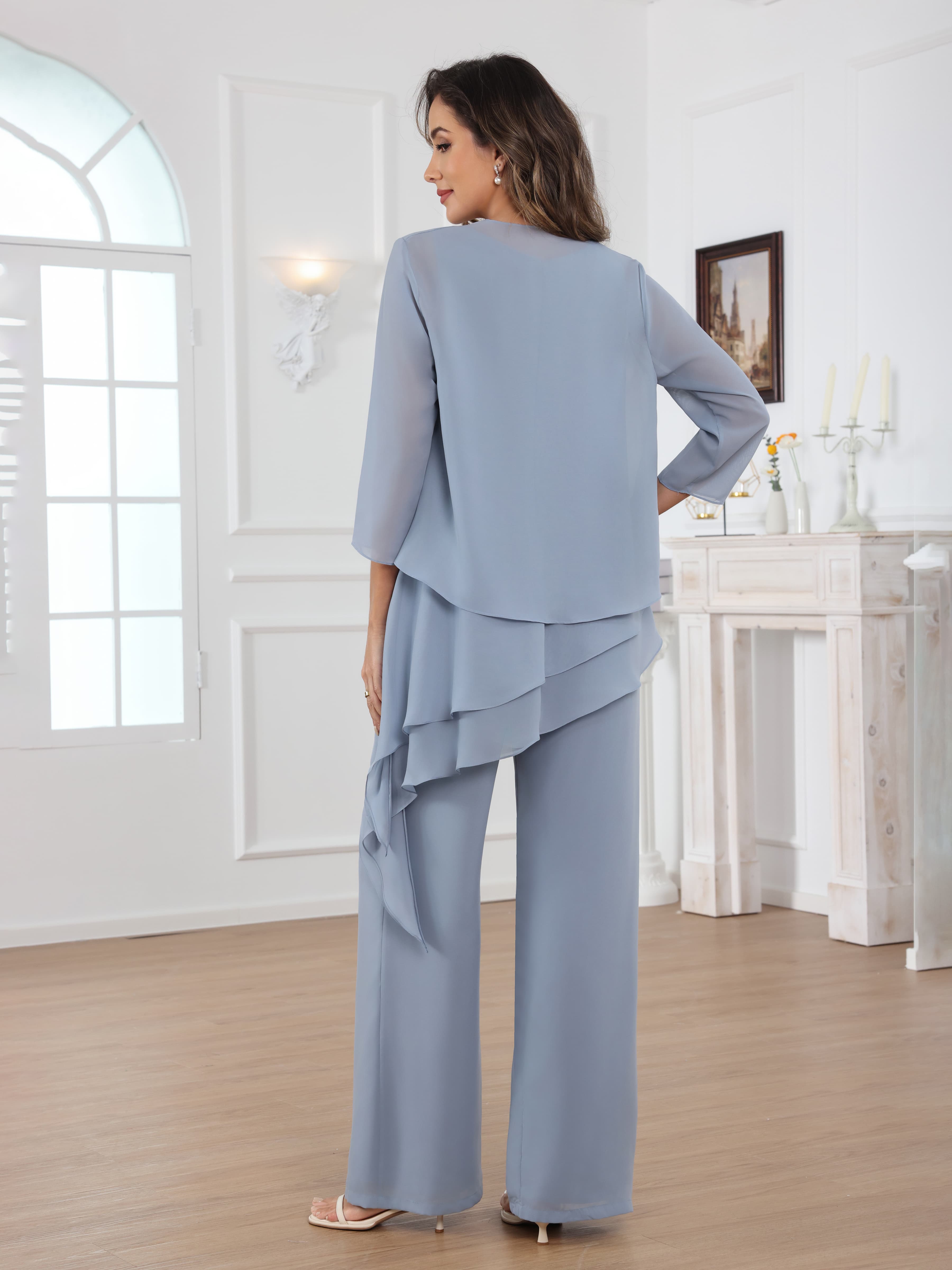 Mraelithara Comfortable 3-Piece Scoop Chiffon Mother of the Bride Pantsuit with Jacket