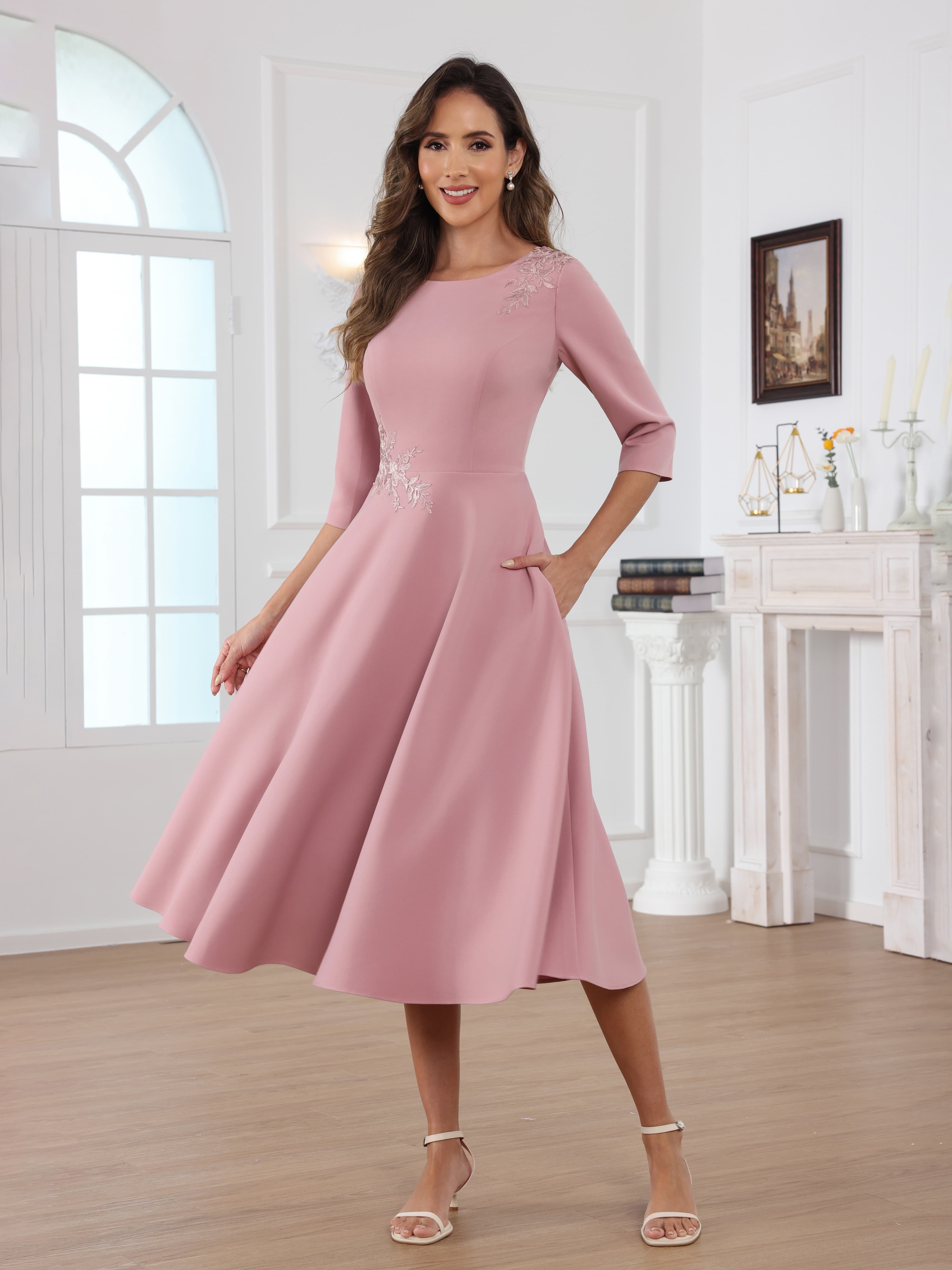 Naelithara Graceful Scoop Lace Tea Length Satin Mother of the Bride Dresses