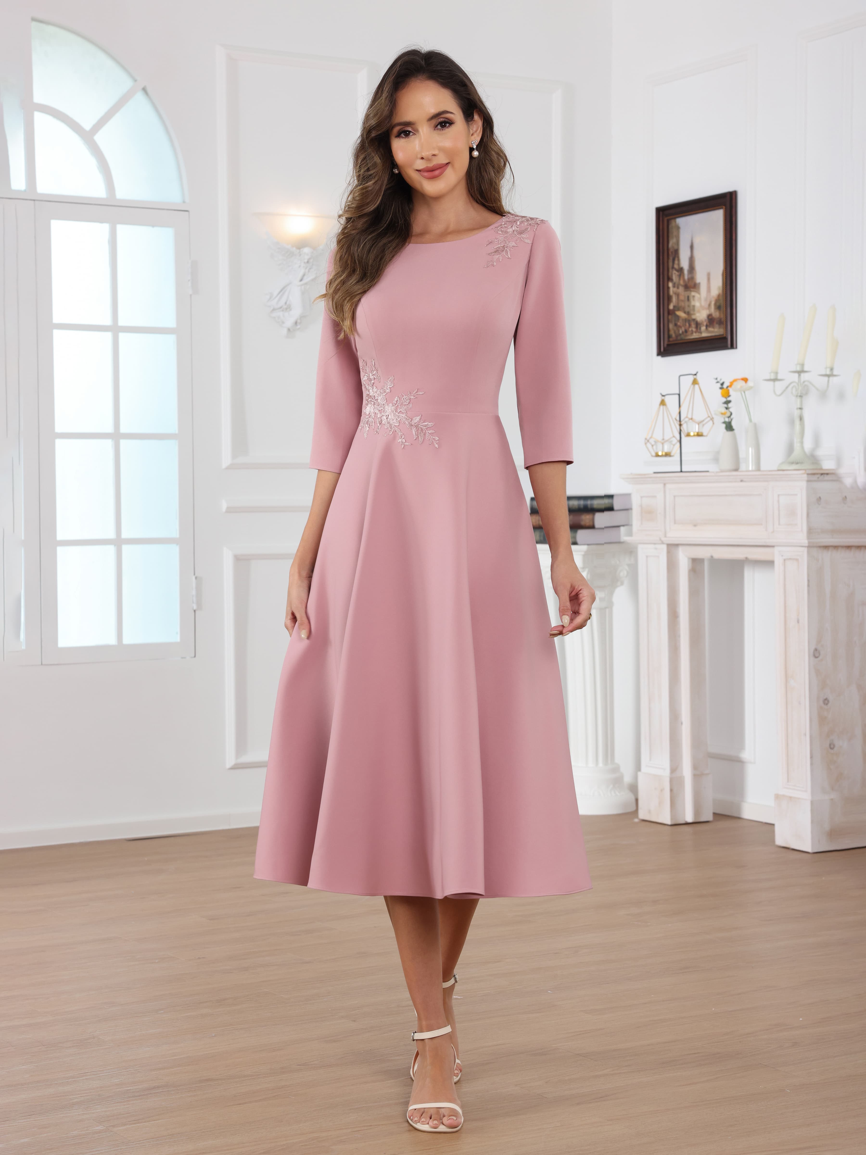 Naelithara Graceful Scoop Lace Tea Length Satin Mother of the Bride Dresses