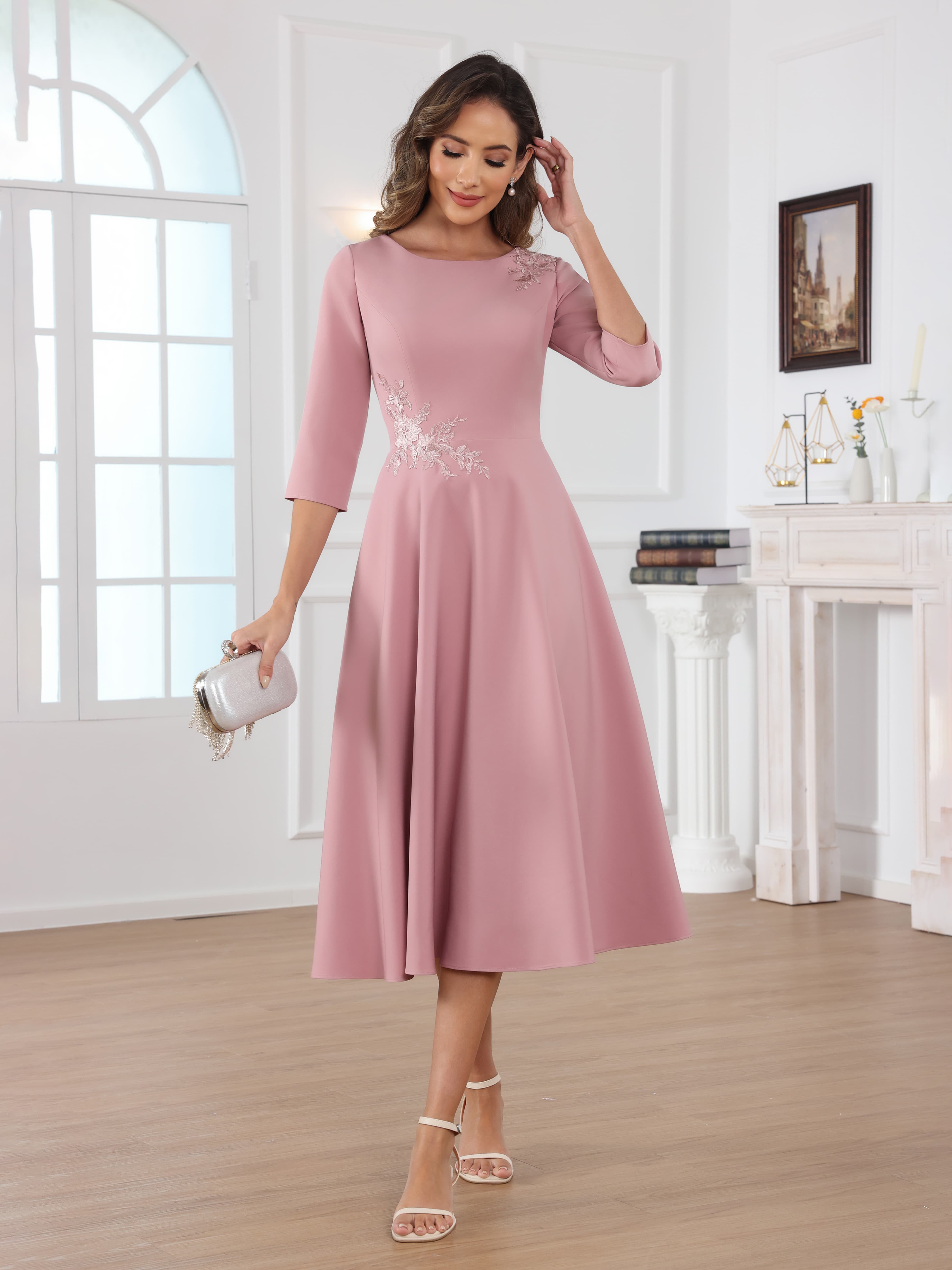 Naelithara Graceful Scoop Lace Tea Length Satin Mother of the Bride Dresses