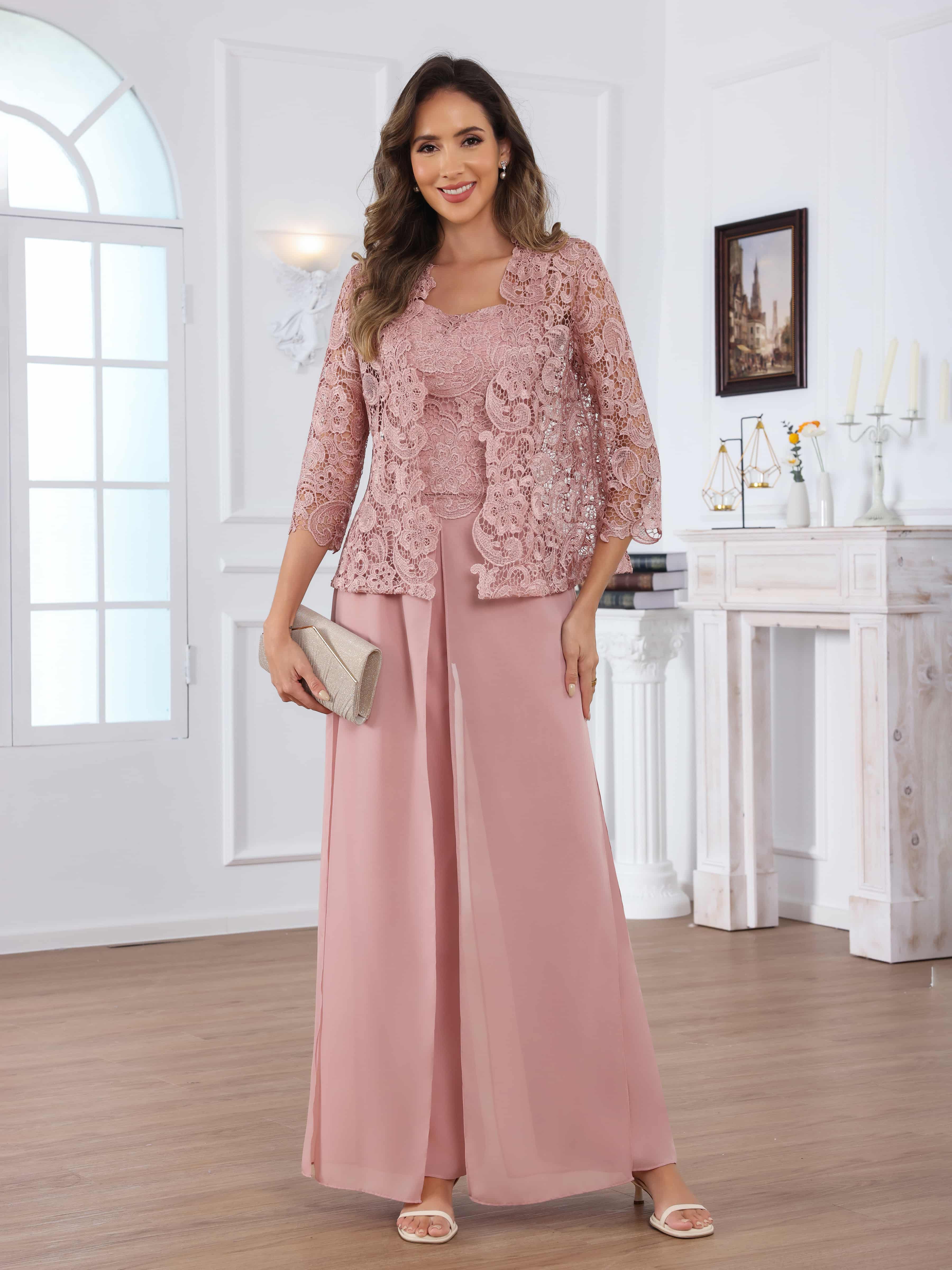 Praelithara Sophisticated Three Pieces Lace Sequins Chiffon Mother of the Bride Pantsuit
