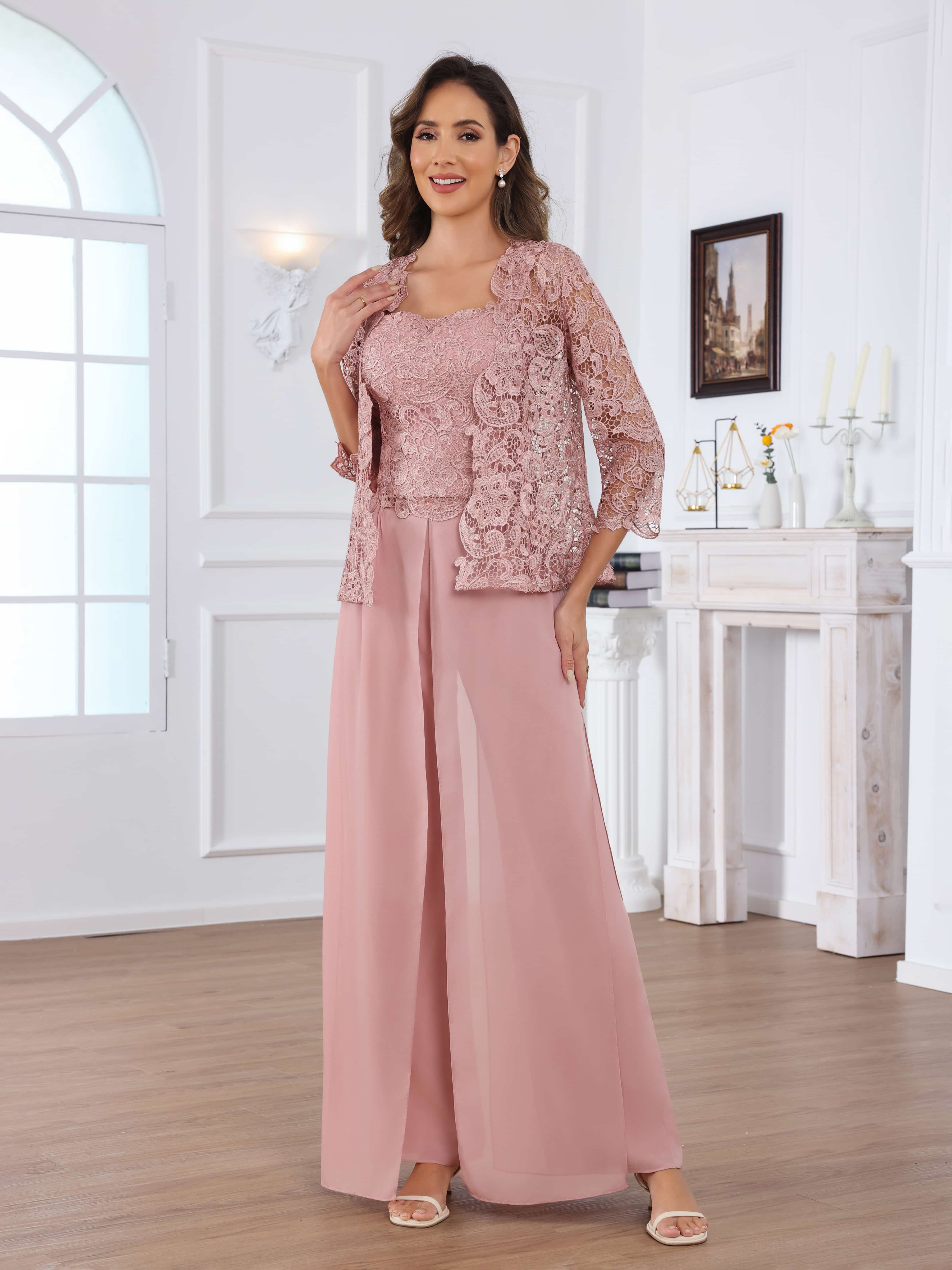 Praelithara Sophisticated Three Pieces Lace Sequins Chiffon Mother of the Bride Pantsuit